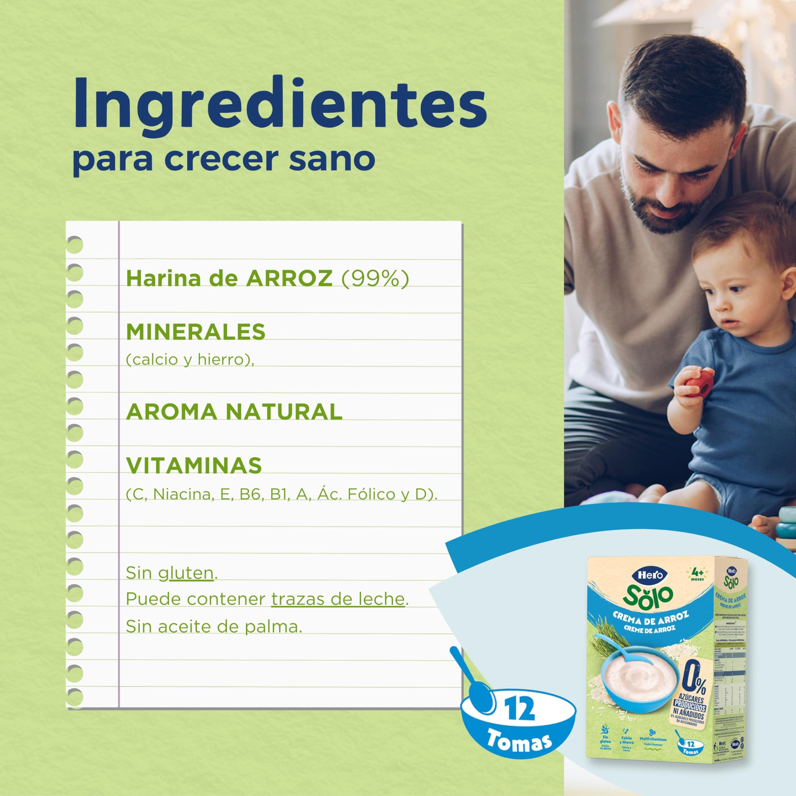 Hero Solo Papilla Crema de Arroz, Sin Gluten, Rica en Fibras y Vitaminas, Sabor Natural para Bebés, a partir de 4 meses, Pack x 6 units x 220 g