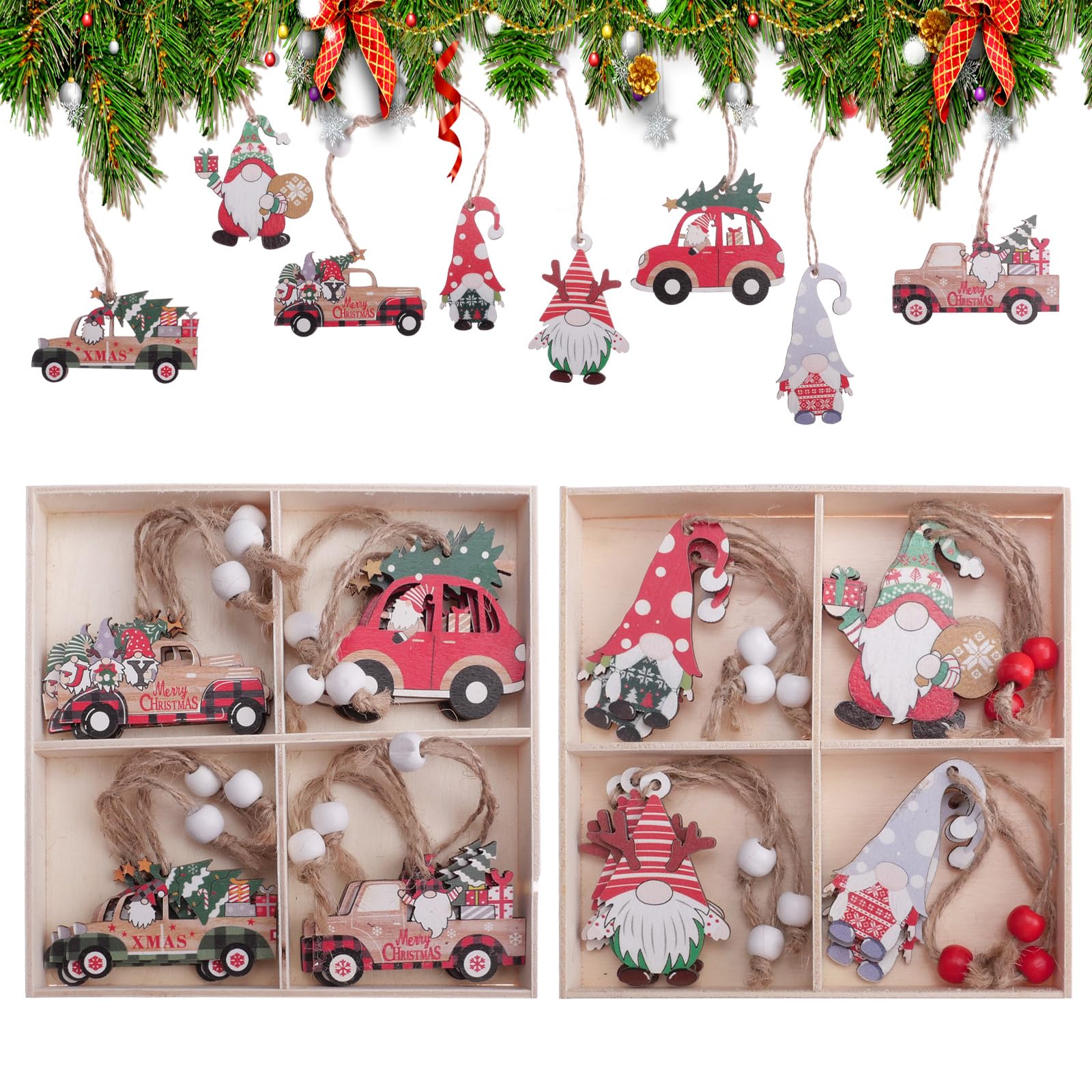 Zfseyuh 24 Pcs Colgante Navidad de Madera, Decoración Árbol Navidad, Adornos Colgantes de Gnomo para Árbol Navideño