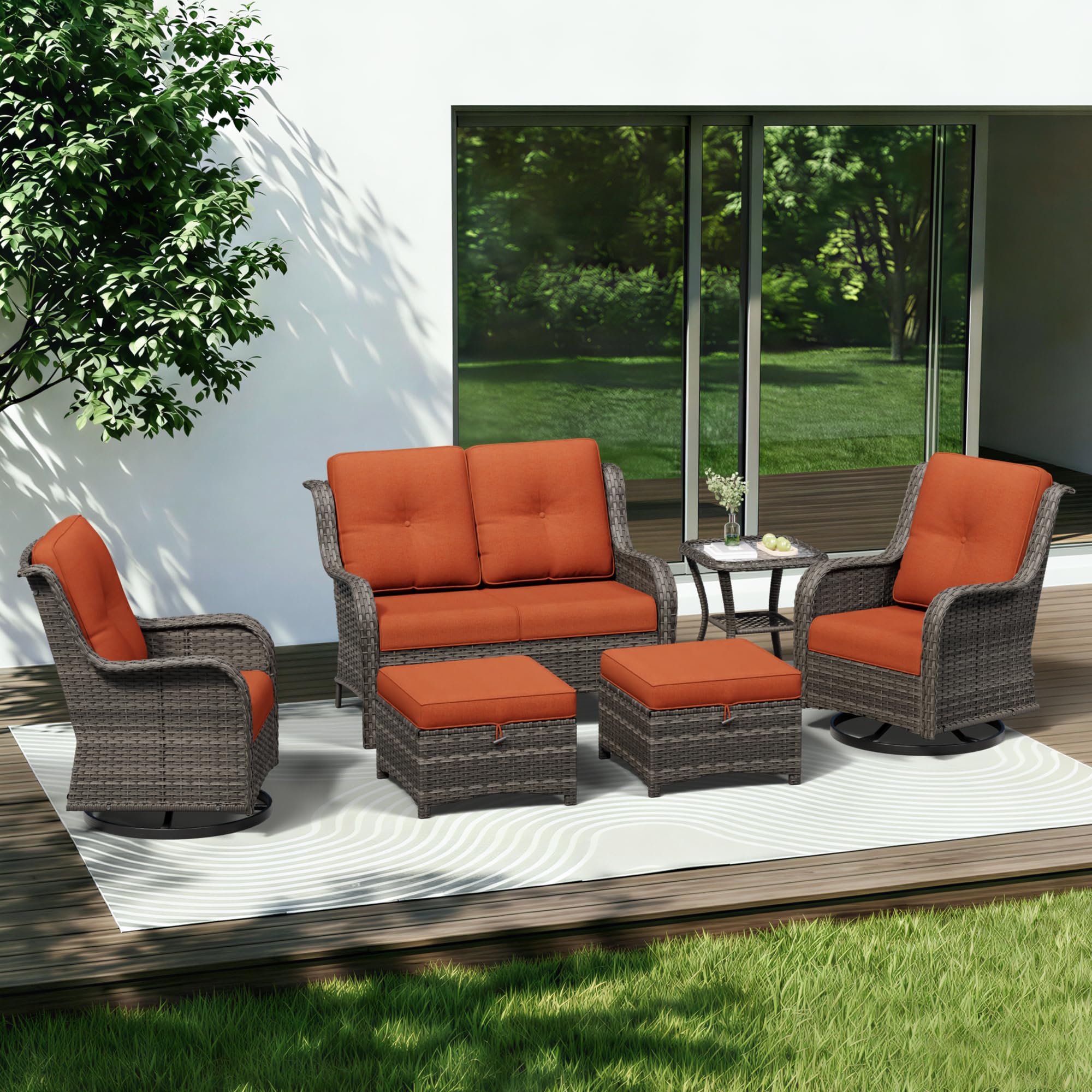 6 Piece Outdoor Wicker Patio Furniture Set, Outdoor Swivel Rocker Patio Chairs Set with Thickened Olefin Cushions, High Back and Deep Seating, Hand-Woven PE Rattan for Porch, Deck