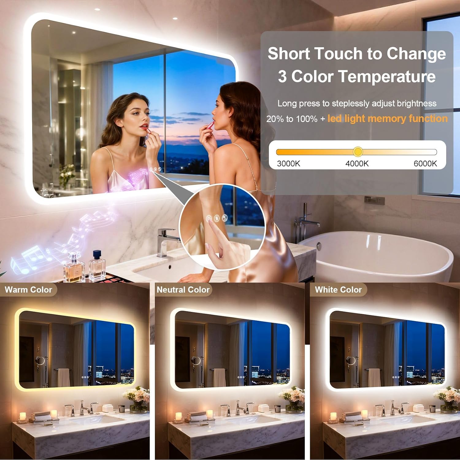 LUVODI Rectangle LED Bathroom Mirror: Smart Bluetooth Vanity Mirror Front-Lit Defogger Stepless Dimming, 27.6x47.3 inch
