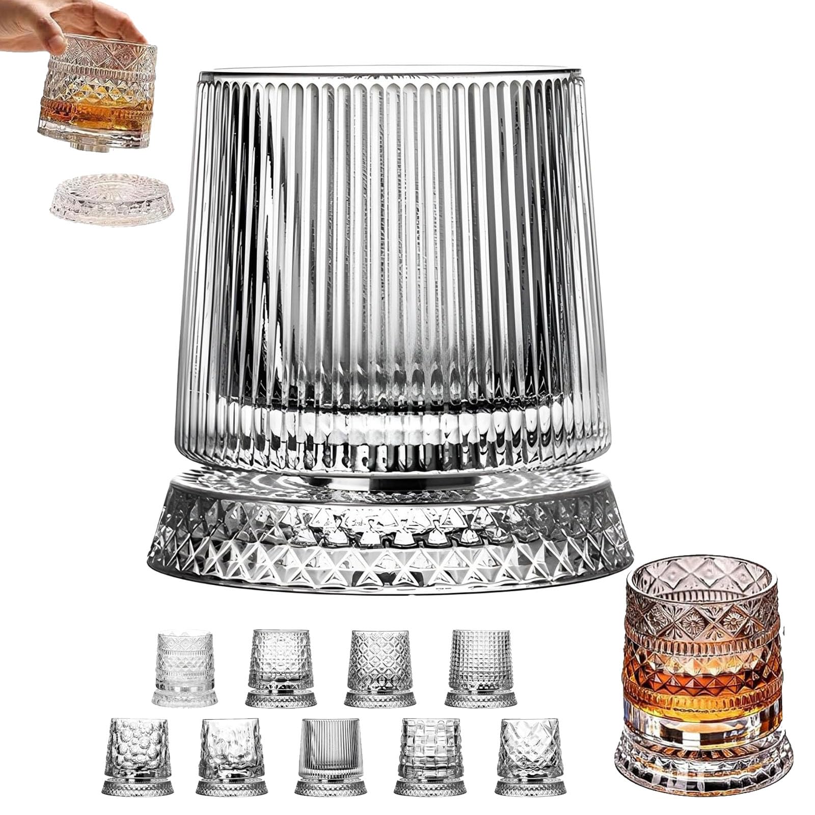 Spinning Crystal Whiskey Glasses, Rotating Whiskey Glass with 360° Spinning Base, Heavy Old Fashioned Crystal Tumbler for Bourbon, Scotch, Rum, Cocktail Gift for Men (Style B)