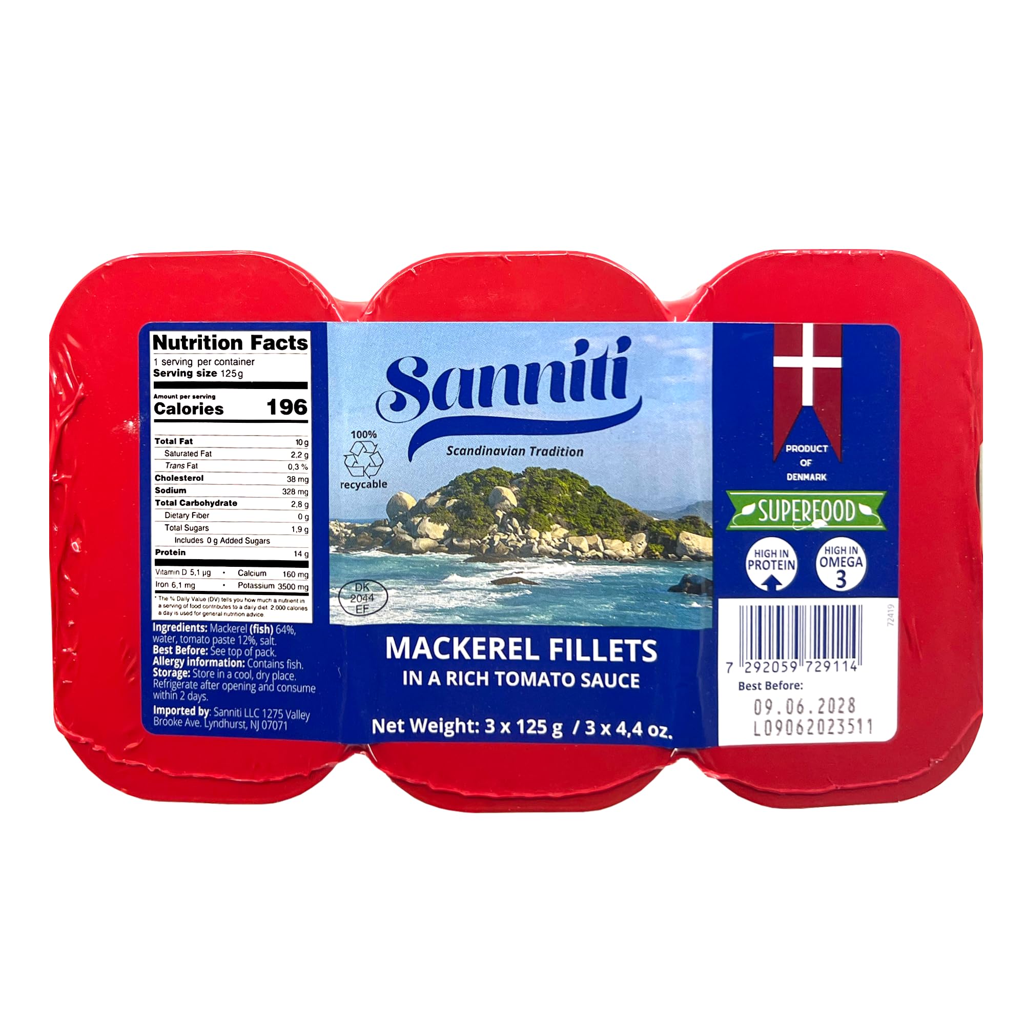 Sanniti Mackerel Fillets in a Rich Tomato Sauce | Super Food | High in Protein | High in Omega 3, 4.4 oz (Pack of 3)
