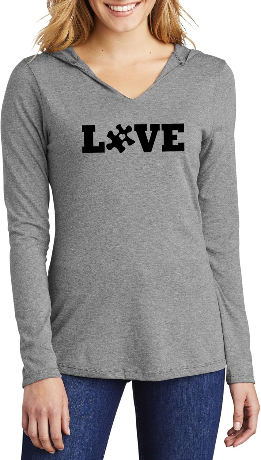 Ladies Hoodie Shirt Love Autism Awareness Tee Grey Frost 2XL