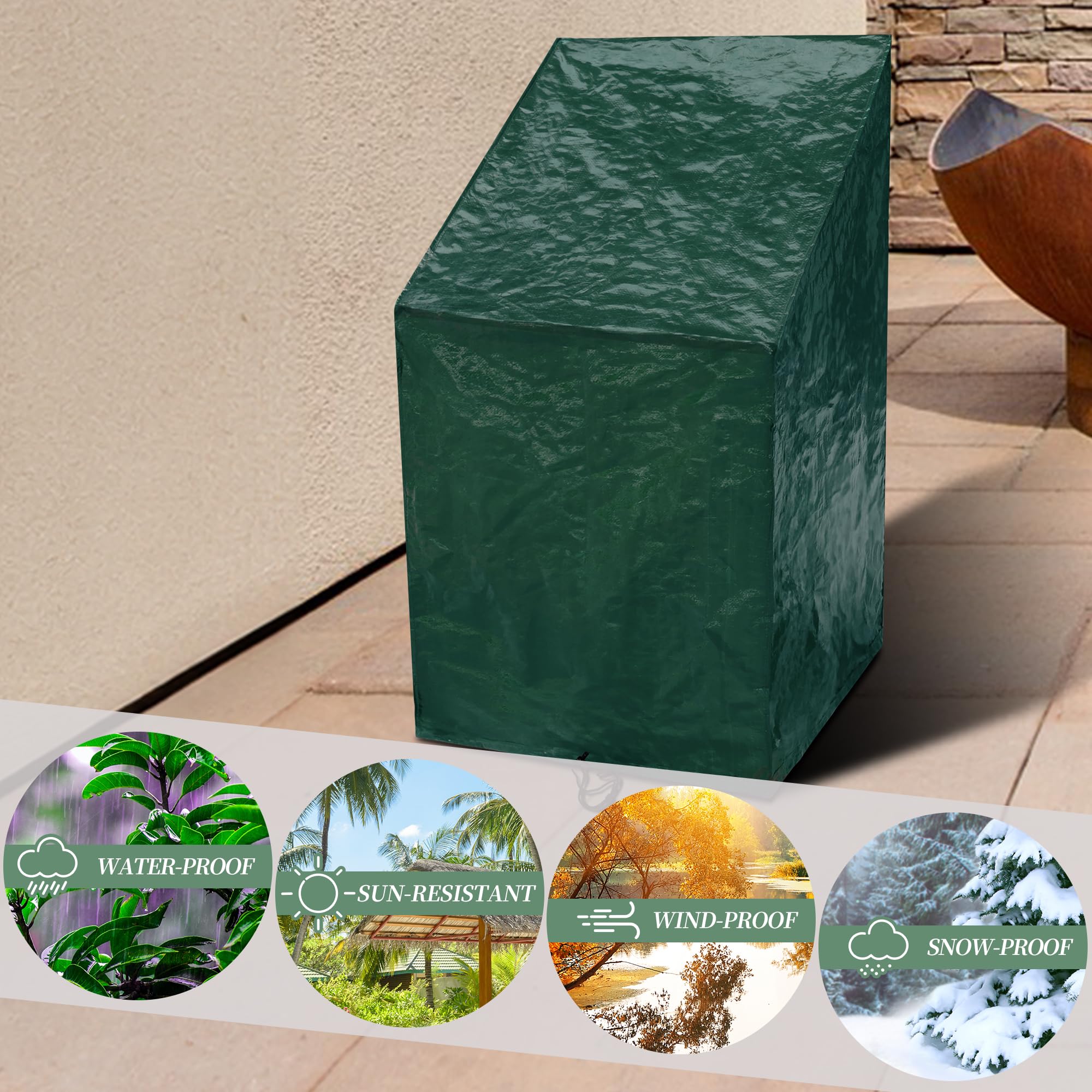 Fundas para sillas apilables de jardín, impermeables, para sillas apilables, resistentes al viento (verde-polietileno, 65 x 65 x 80/120 cm)