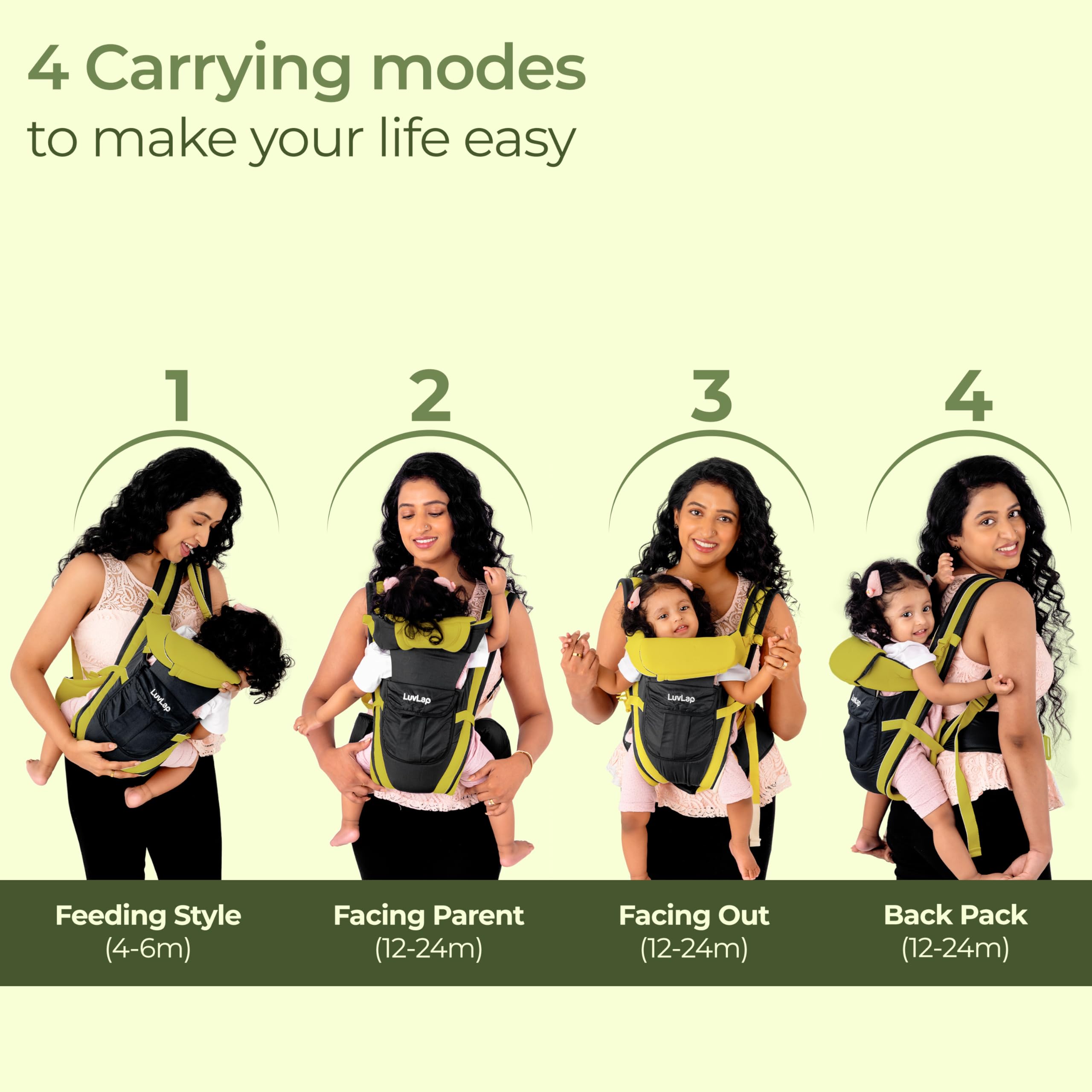 LuvLap Elegant Baby Carrier with 4 Carry Positions, Baby Carrier for 4 to 24 Months Baby,Adjustable New-Born to Toddler Carrier with Cushioned Leg Support, Max Weight Up to 15 Kgs(Black& Green) 2