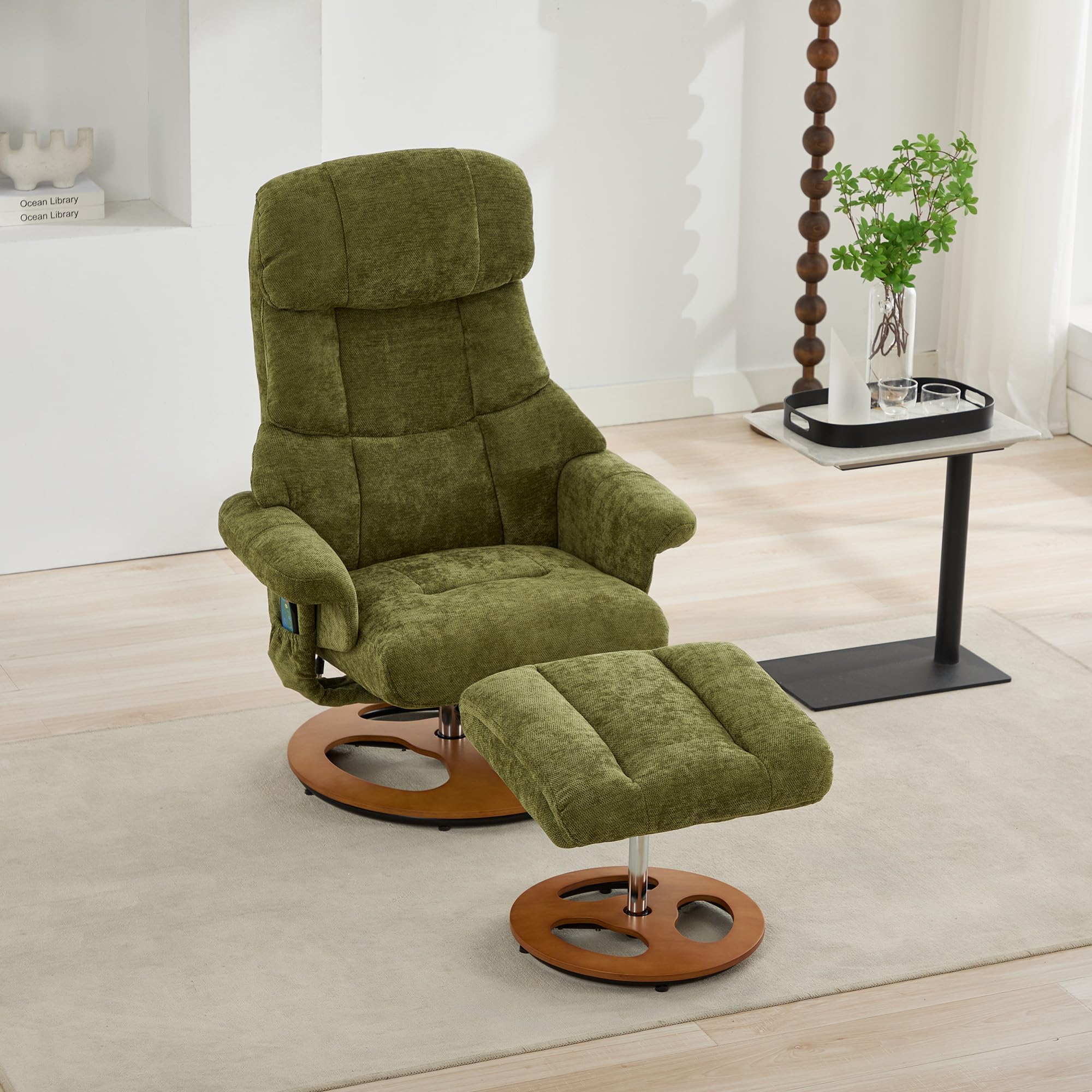 LAKFEW Sillon Relax Reclinable Electrico con Reposapiés, Sillon Relax Girar 360° con Masaje y Función de Calefacción, Sillón Reclinable Butaca Sillones para el Salón, Chenilla, 81x126x111 cm, Verde