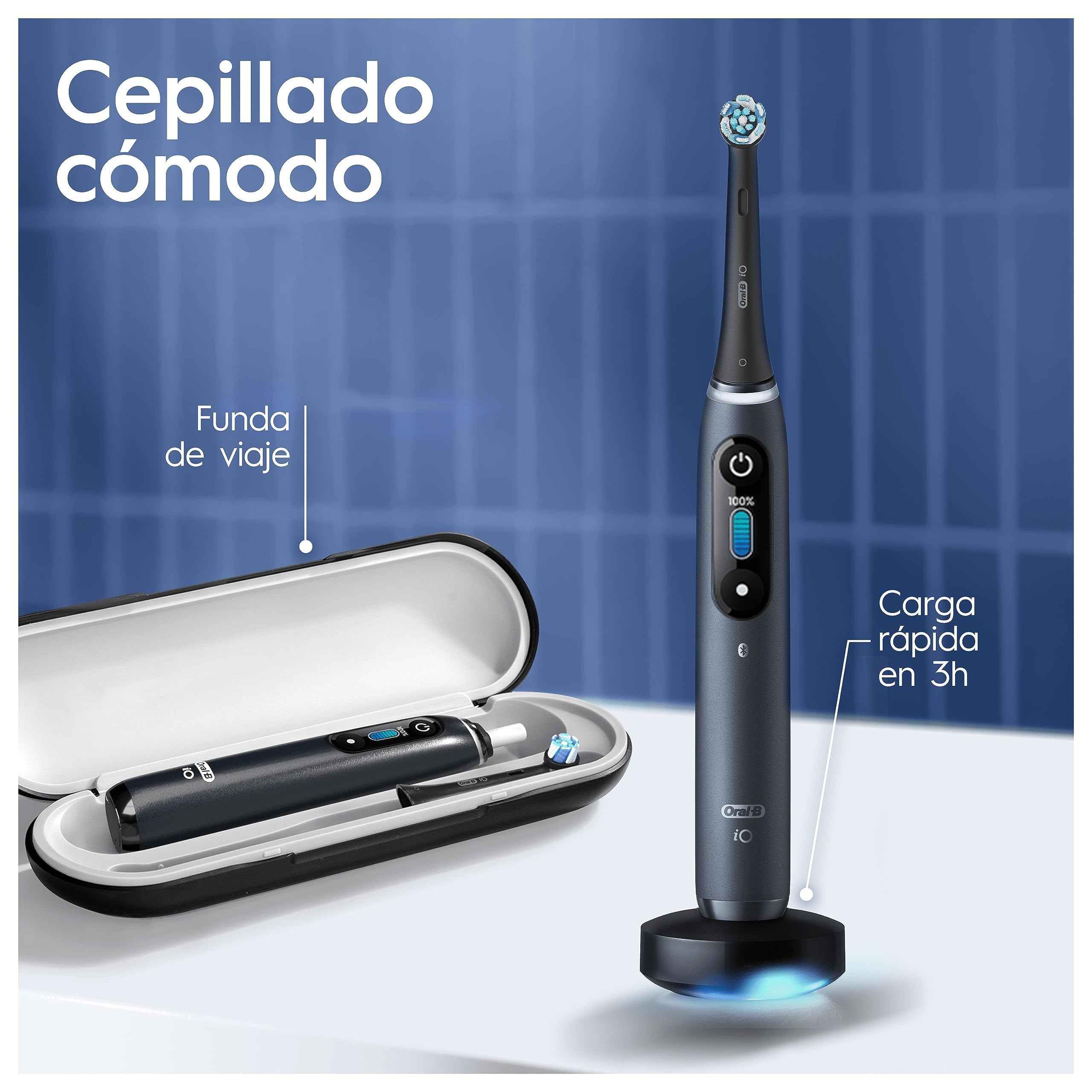 Oral-B iO 8N Cepillo de Dientes Eléctrico con Mango Recargable, 3 Cabezales y Estuche de Viaje, Diseñado por Braun, Regalos Originales para Mujer y Hombre - Negro