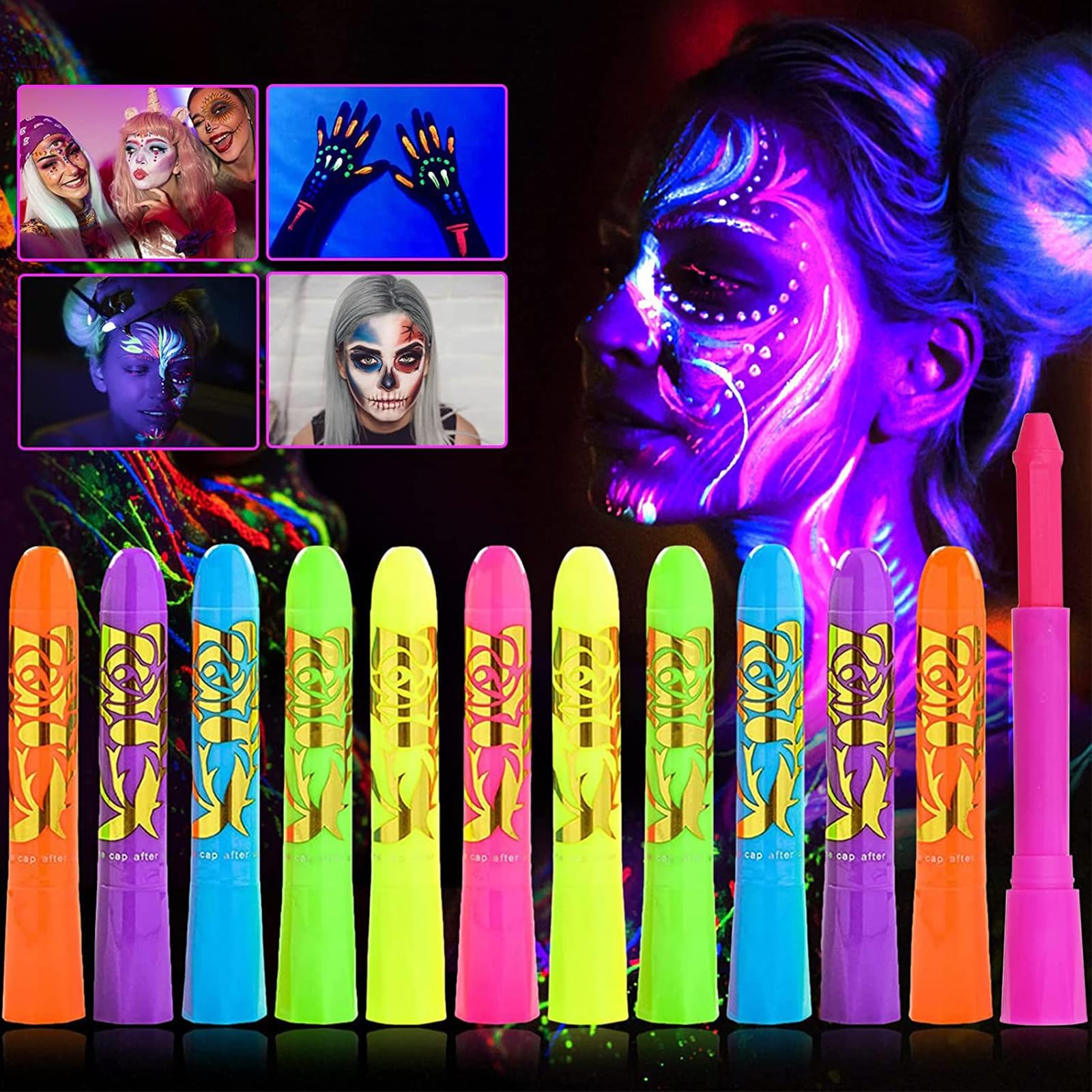 20 Pcs Glow in The Dark Face Body Paint Crayons UV Lighting Highlighter Water Based Washable Paint Crayons Kit, Suitable for Halloween & Christmas Safe & Non-toxic for Children 2