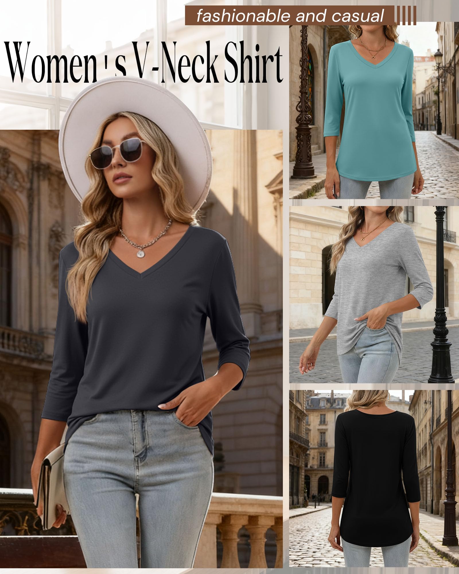 Ficerd Paquete de 4 Camisetas de Manga 3/4 con Cuello en V para Mujer, Estilo túnica Informal, de algodón básicas y a la Moda