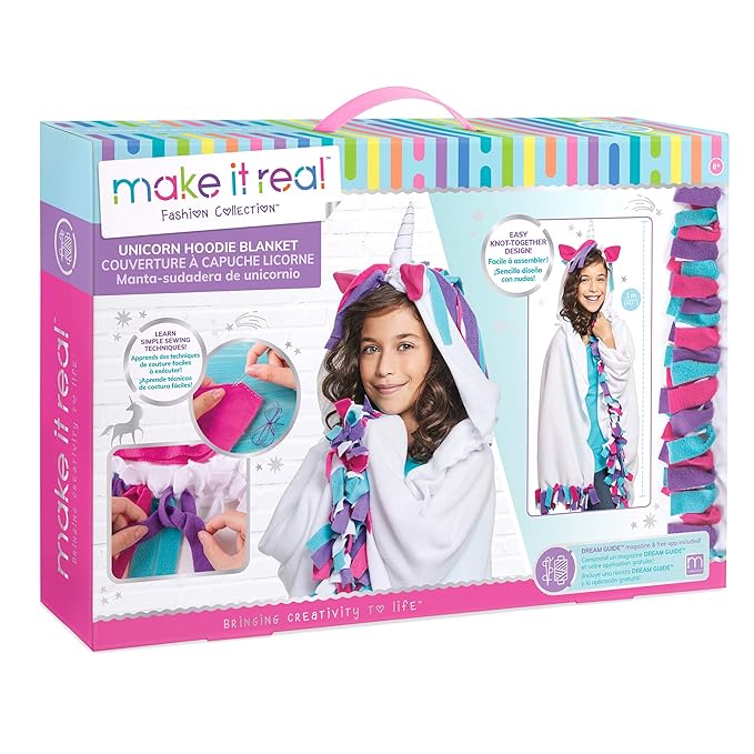 Make It Real Unicorn Hoodie Blanket. Wearable Unicorn Hooded Blanket Arts and Crafts Kit for Girls. DIY Kit Guides Tweens to Create Their Own Unicorn Hoodie Fleece Knotted Blanket