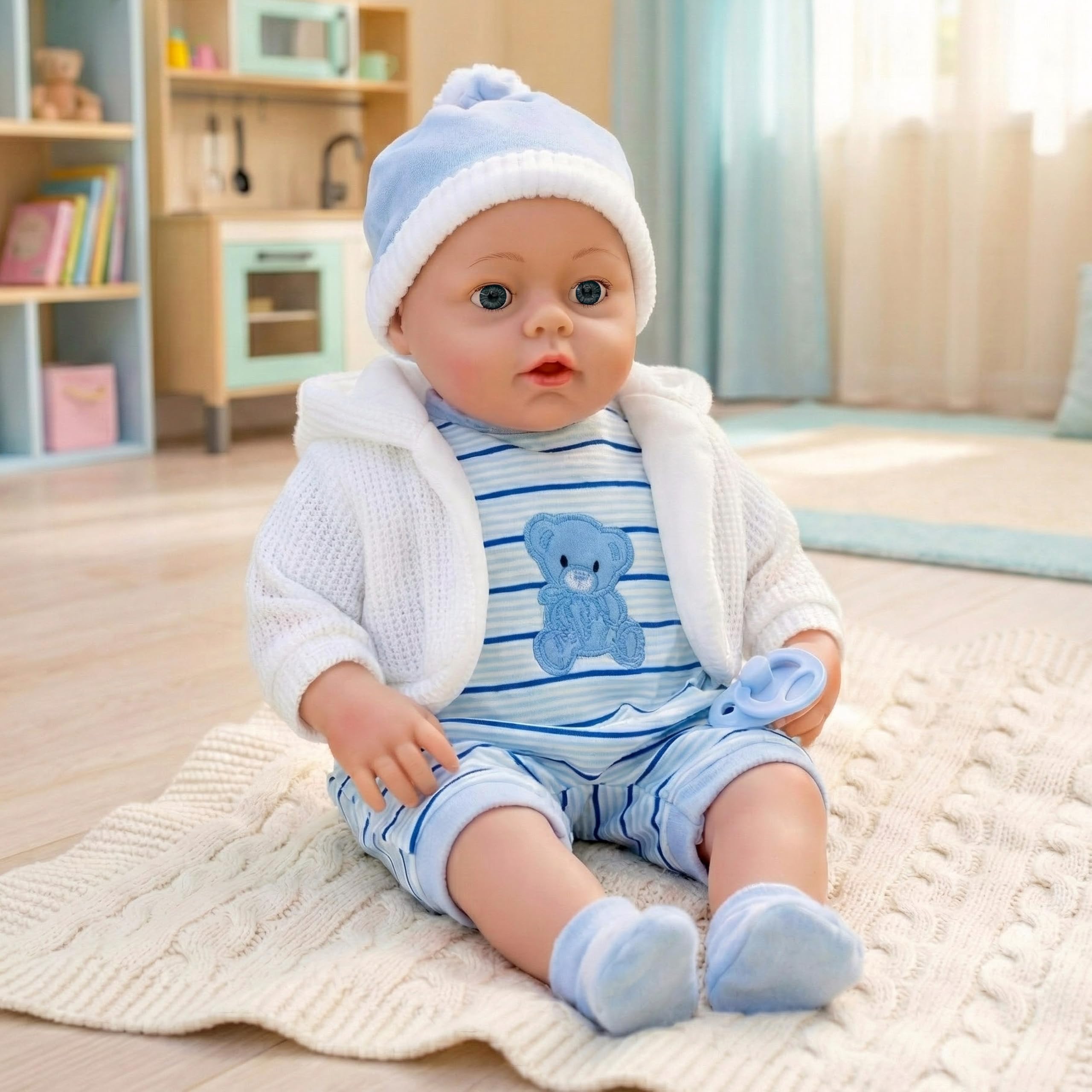 The Magic Toy Shop BiBi Doll 18-Inch Baby Doll Skye with 16 Sounds – Realistic Newborn Boy with Dummy, Soft Body, Vinyl Limbs & Removable Blue Outfit – for Girls, Boys & Toddlers 18 Months+