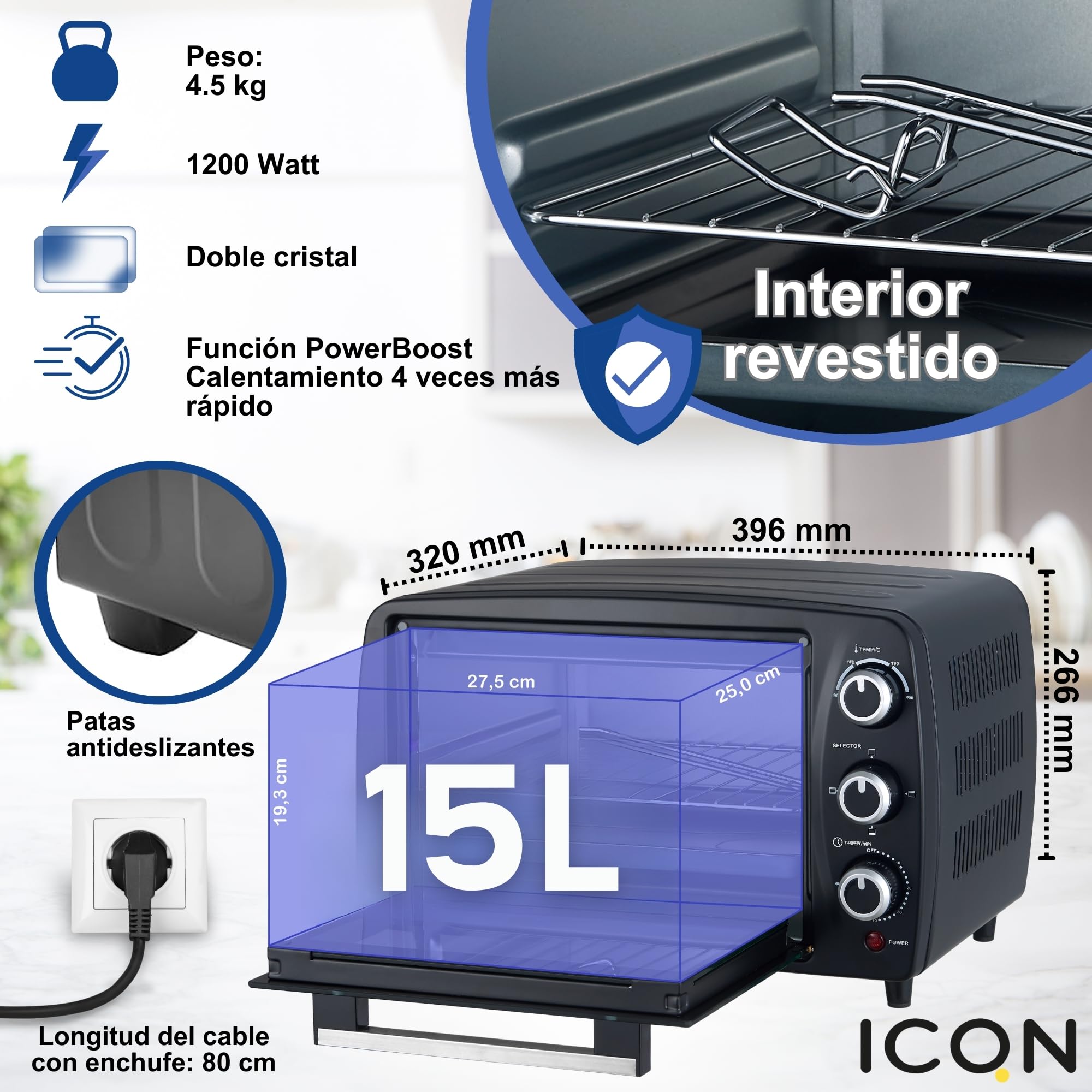 ICQN Mini Horno Eléctrico 15L Compacto, 1200W, 3 Funciones de Cocción, Temporizador 60 min, Termostato 90–230°C, Antracita