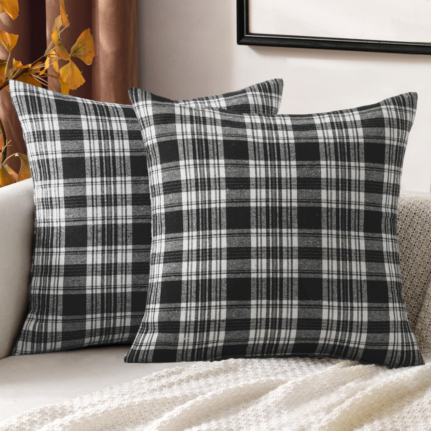 MIULEE Halloween Plaid Pillow Covers Scottish Tartan 16x16 Black and White | Set of 2 Fall Decorations Cushion Covers, Farmhouse Winter Home Decor, for Thanksgiving Sofa Couch Bed Living Room