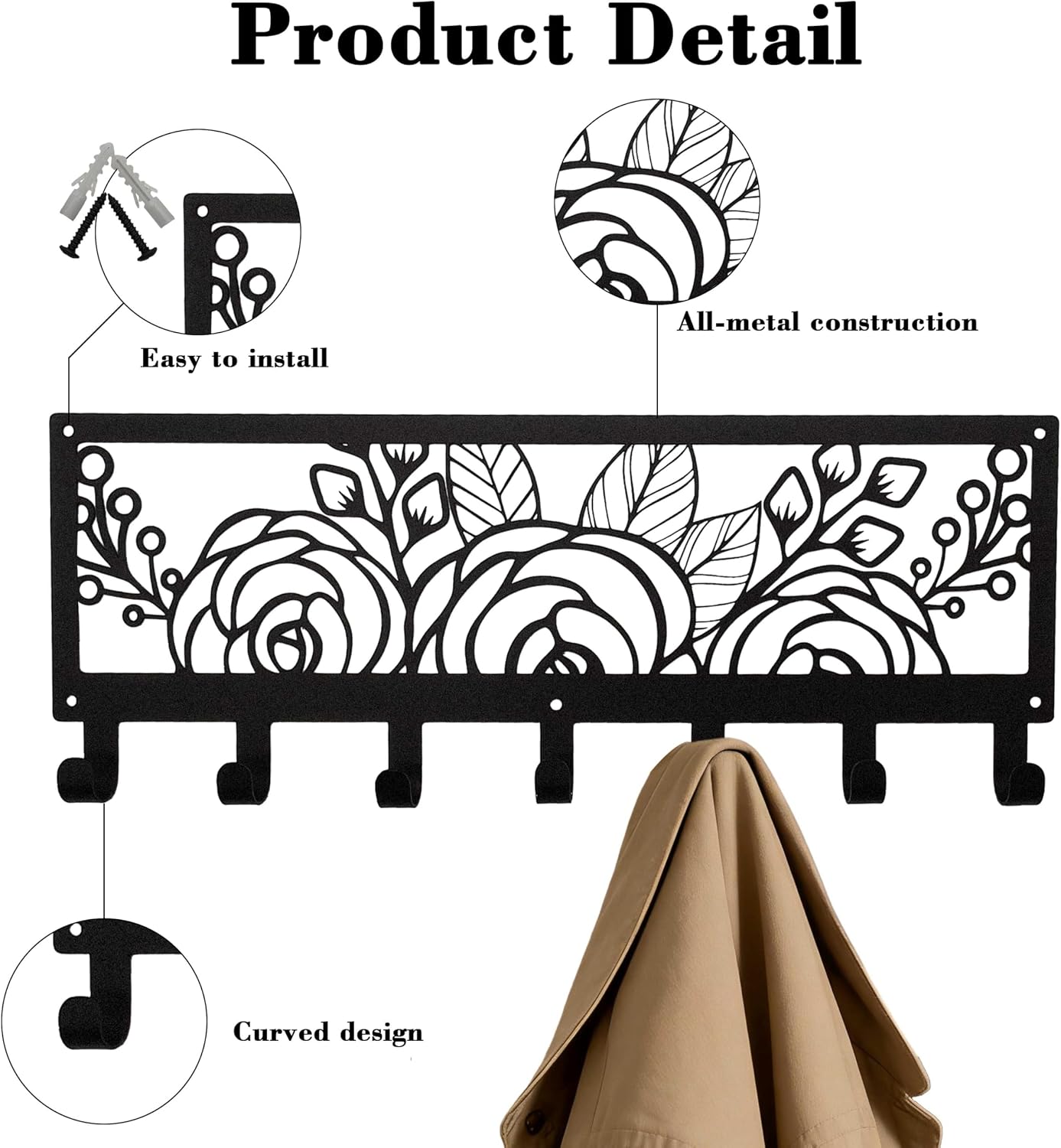Black Metal Flower Wall Mount Rack with 7 Hooks, Decorative Wall Hanger for Coats, Jackets, Hats, Bags, Keys, Metal Wall Organizer for Bedroom, Bathroom, Kitchen, Living Room, Office, Home
