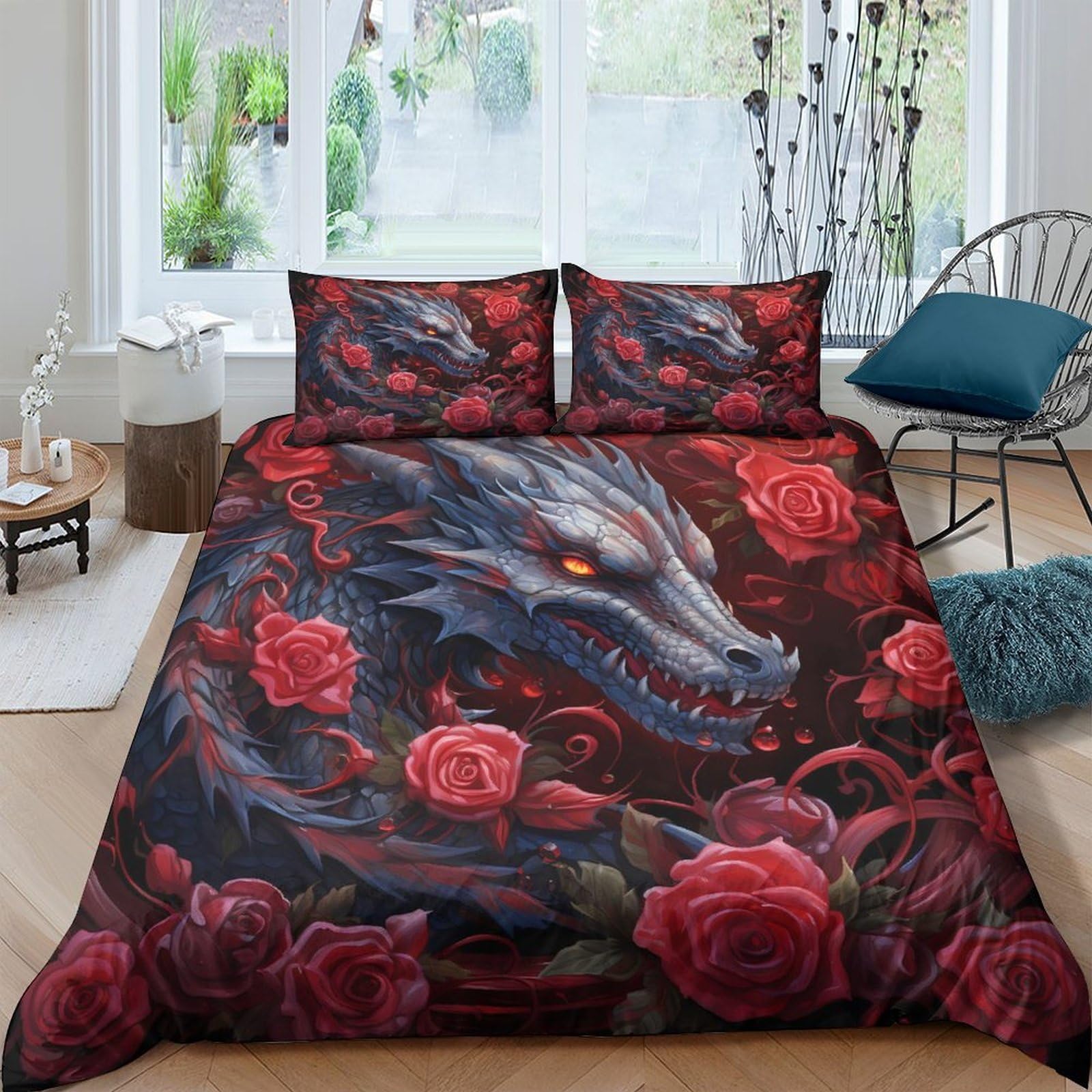 P5V6M1Q9 3D Printed Wolf Rose Duvet Cover Set Microfiber Soft Breathable Gothic Bedding Set with 2 Pillowcases for Bedroom Decor Single（135x200cm）