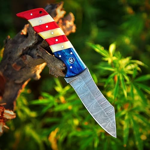 Miniatura 2 de Cuchillo de caza de Damasco hecho a mano de 8 pulgadas, cuchillo de caza de hoja fija con funda de cuero, cuchillo de damasco de hoja fija con mango