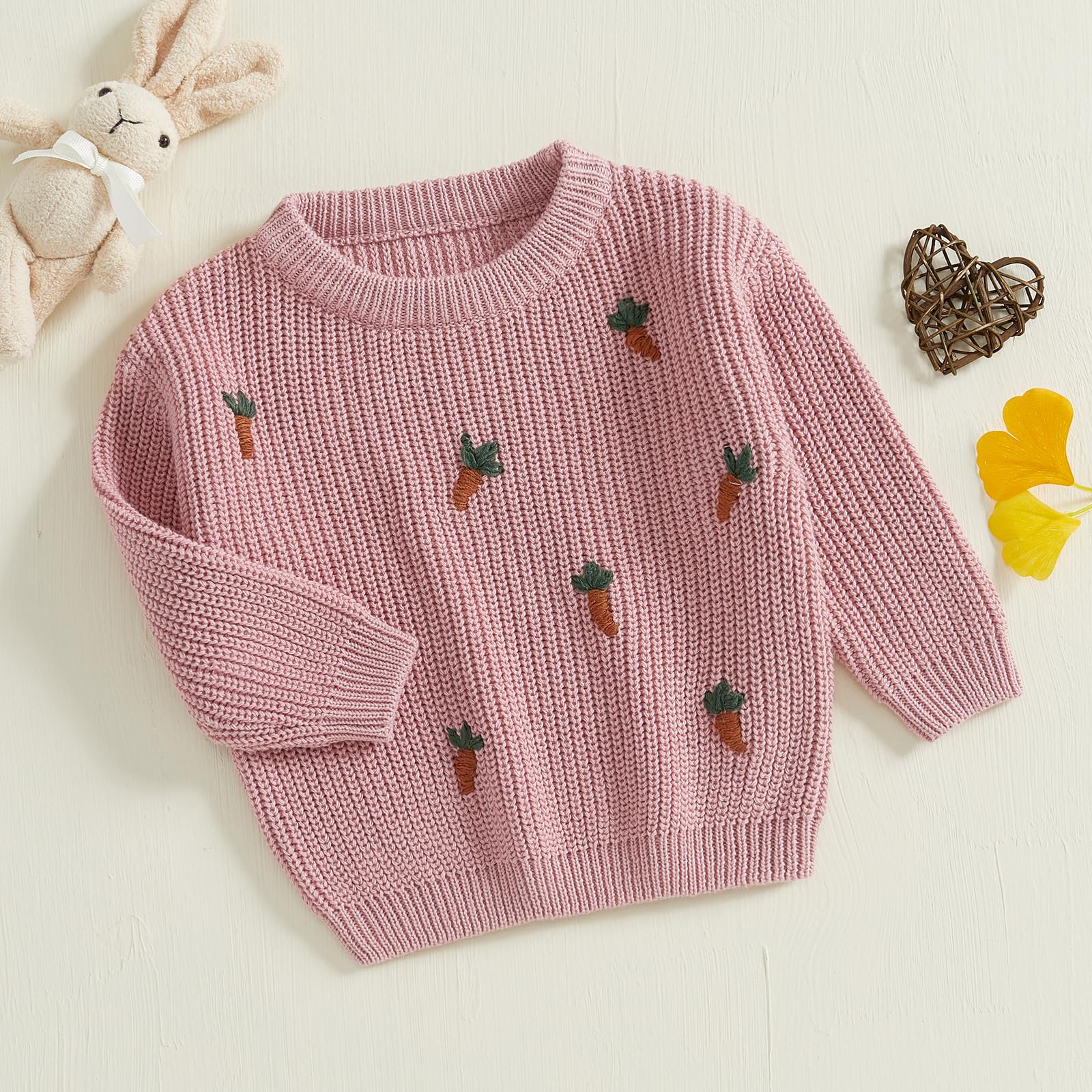 Gaono Toddler Baby Boy Girl Easter Sweater Carrot Bunny Long Sleeve Knit Pullover Sweater Infant Winter Warm Outfit (Rose Pink, 6-9 Months)