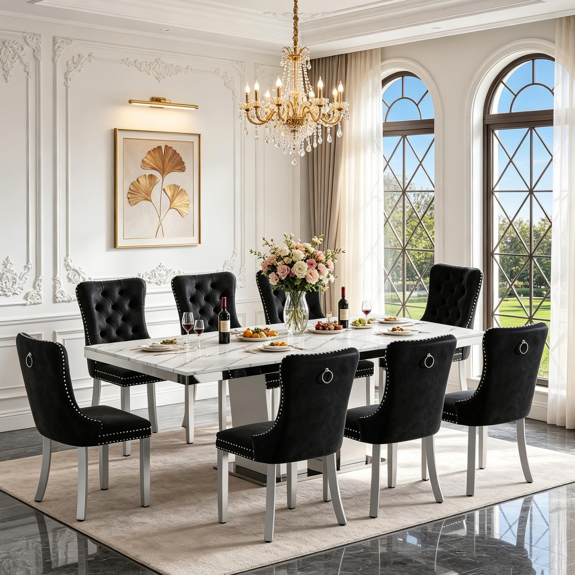 White Faux Marble Extendable Dining Table Set for 8 Mirrored Base