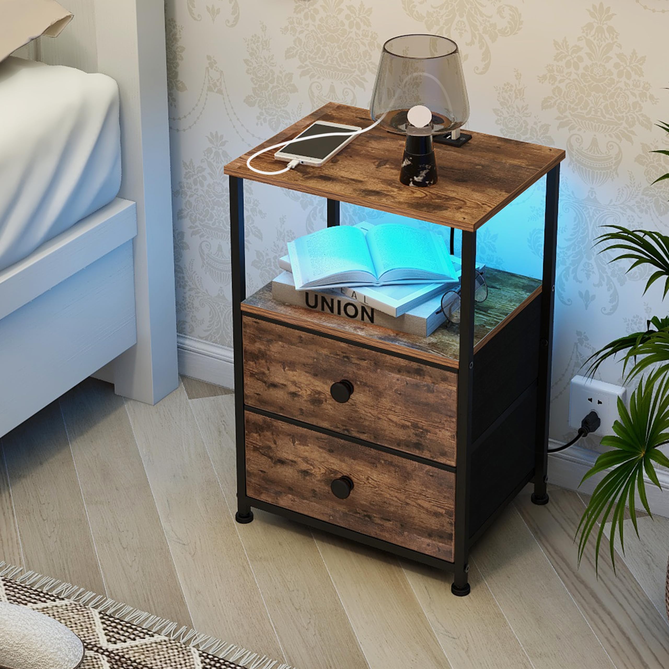 Tohomeor Nightstand with Charging Station USB Outlet and LED Light End