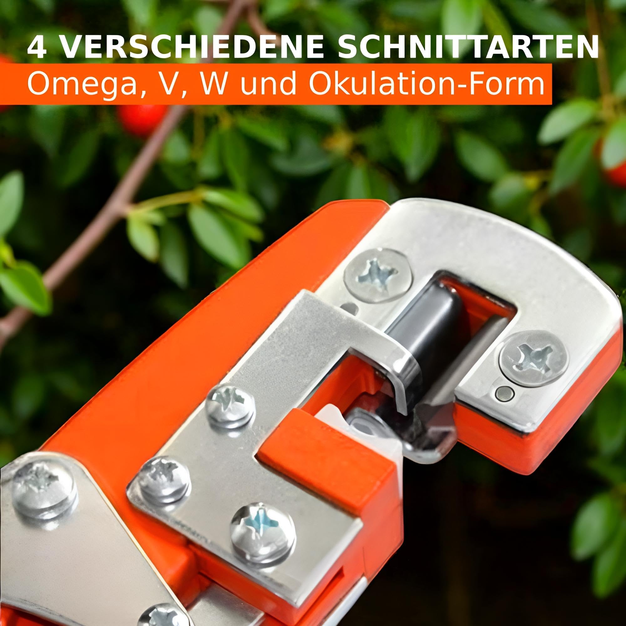 Premium Veredlungsschere mit 5 Messer, Omega V W Okulation, Veredlungsmesser Veredlungszange Gartenschere Rosenschere, 30 Jahre Qualität, Okulier-Schere Messer, Obstbäume Rosen Pflanzen