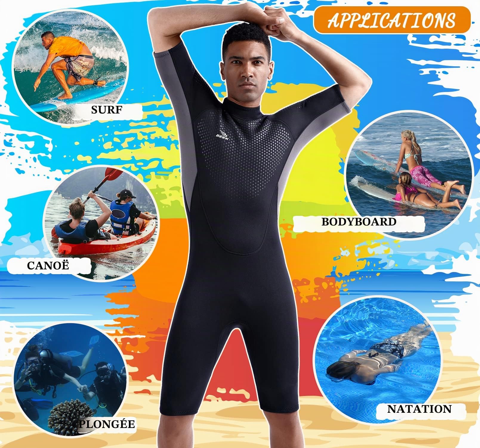 Combinaison en néoprène courte de 3 mm pour homme avec fermeture éclair dans le dos pour la plongée, la plongée avec tuba, le surf, le kayak, la combinaison en néoprène à manches courtes pour les