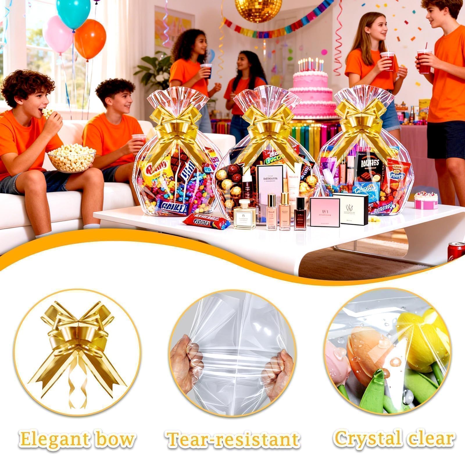 PigPotParty 10 Pack 24x30 Inch Large Cellophane Bags for Gift Baskets, Thick Clear Plastic Basket Wrap, Includes 10 Large Gold Pull Bows
