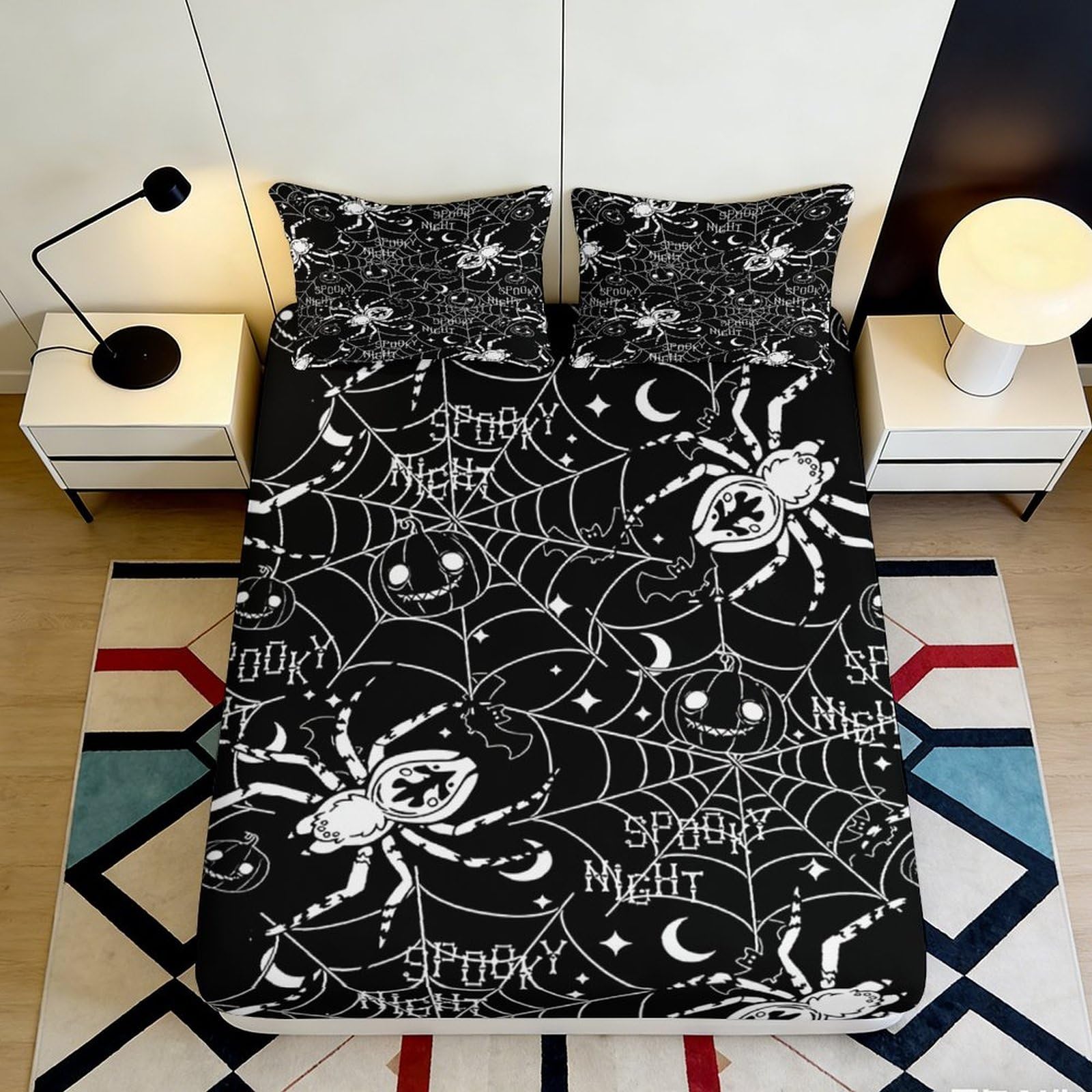 Pnayamiorkfel Style-1 3D Printed Halloween Spider Web Fitted Sheet Microfiber Black Gothic Pumpkin Bed Cover For Bedroom Dorm Mattress Decor 90X200x25cm