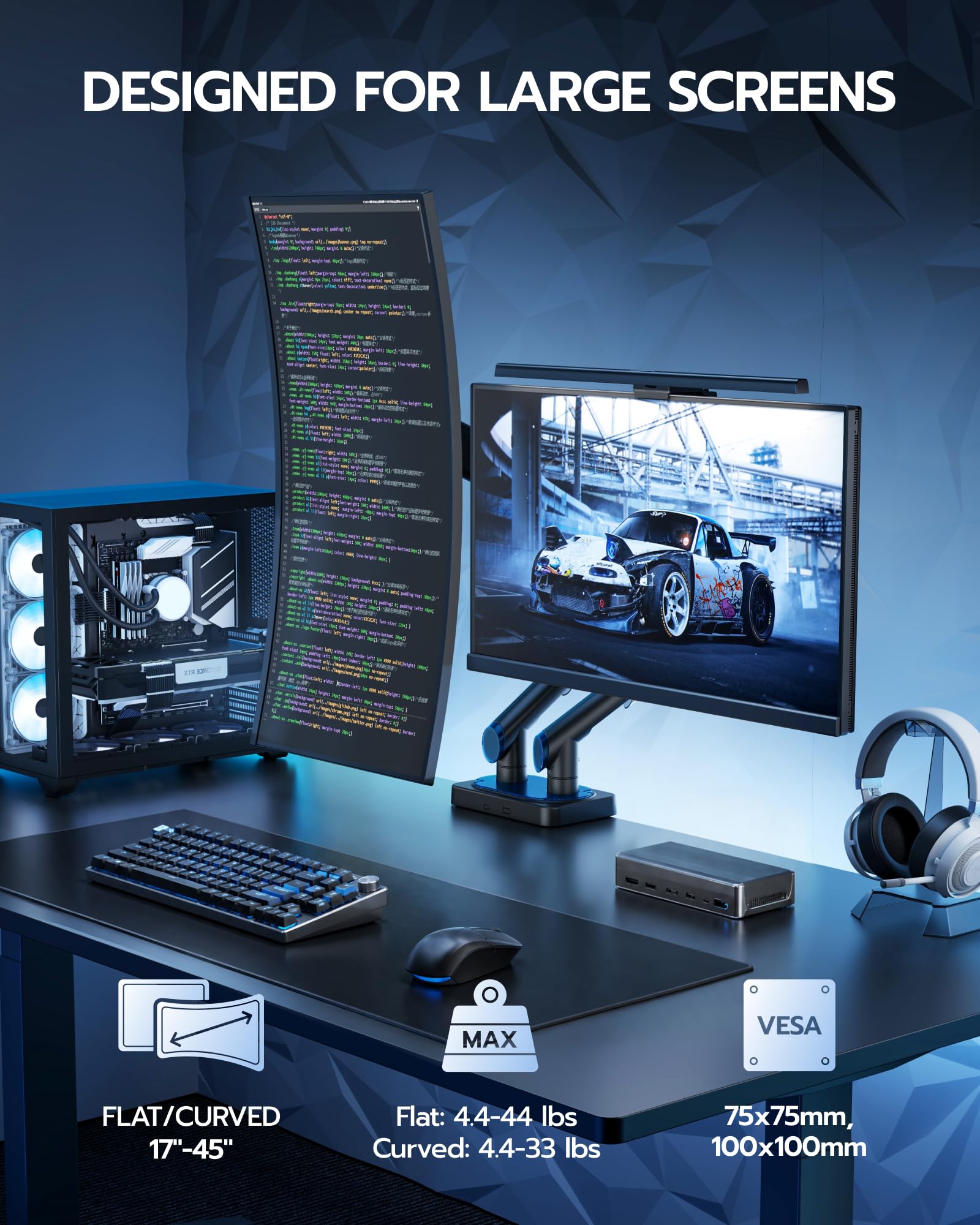 ARES WING Braccio Monitor Doppio per Schermi 17-45 pollici, Nero | Braccio per monitor con molla a gas, supporto regolabile per schermi fino a 20 kg/braccio, attacco VESA 75/100 mm