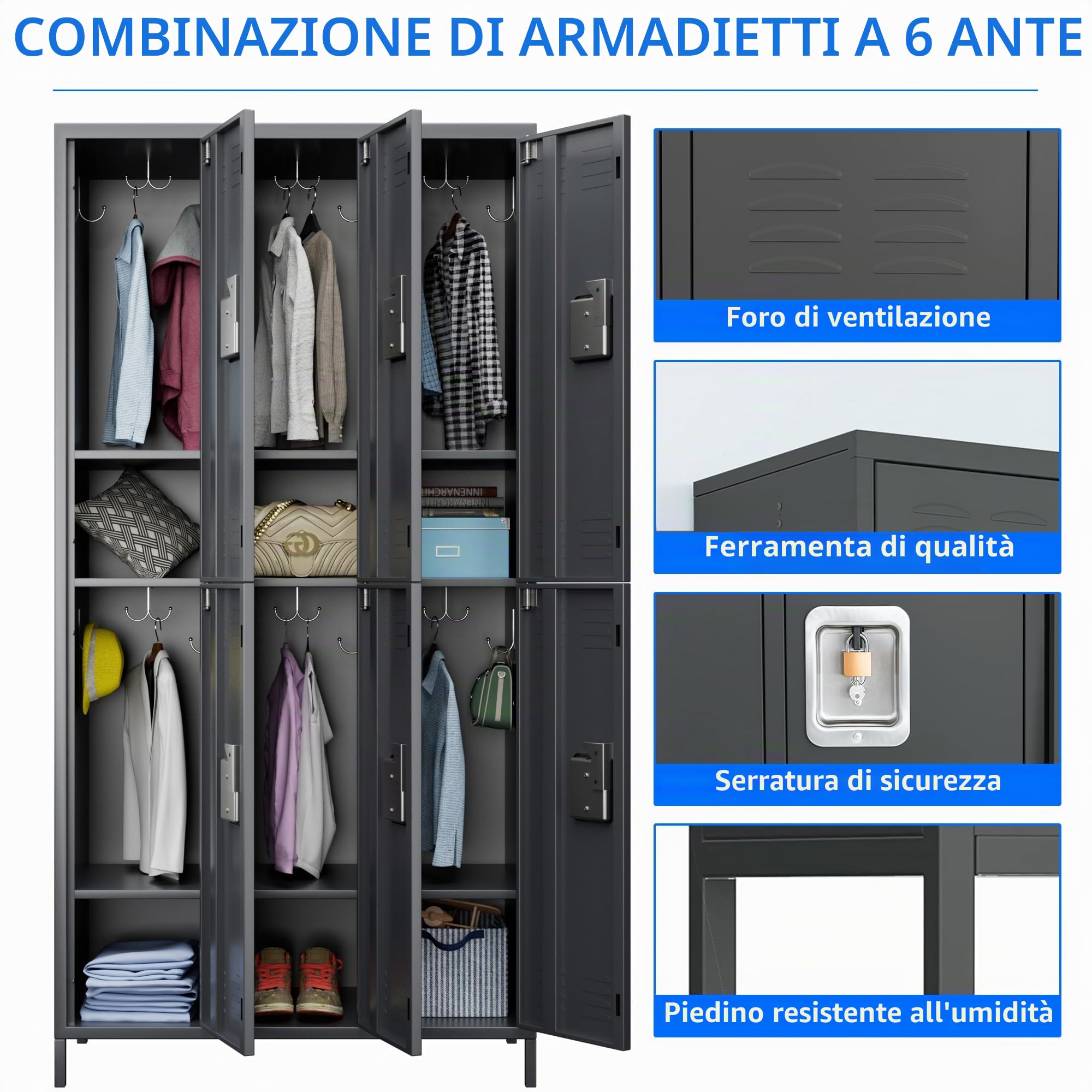 SUPEER Armadietto in metallo con 6 scomparti, armadio in metallo con fessure di ventilazione per dipendenti, palestra, scuola, ufficio (Grigio scuro)
