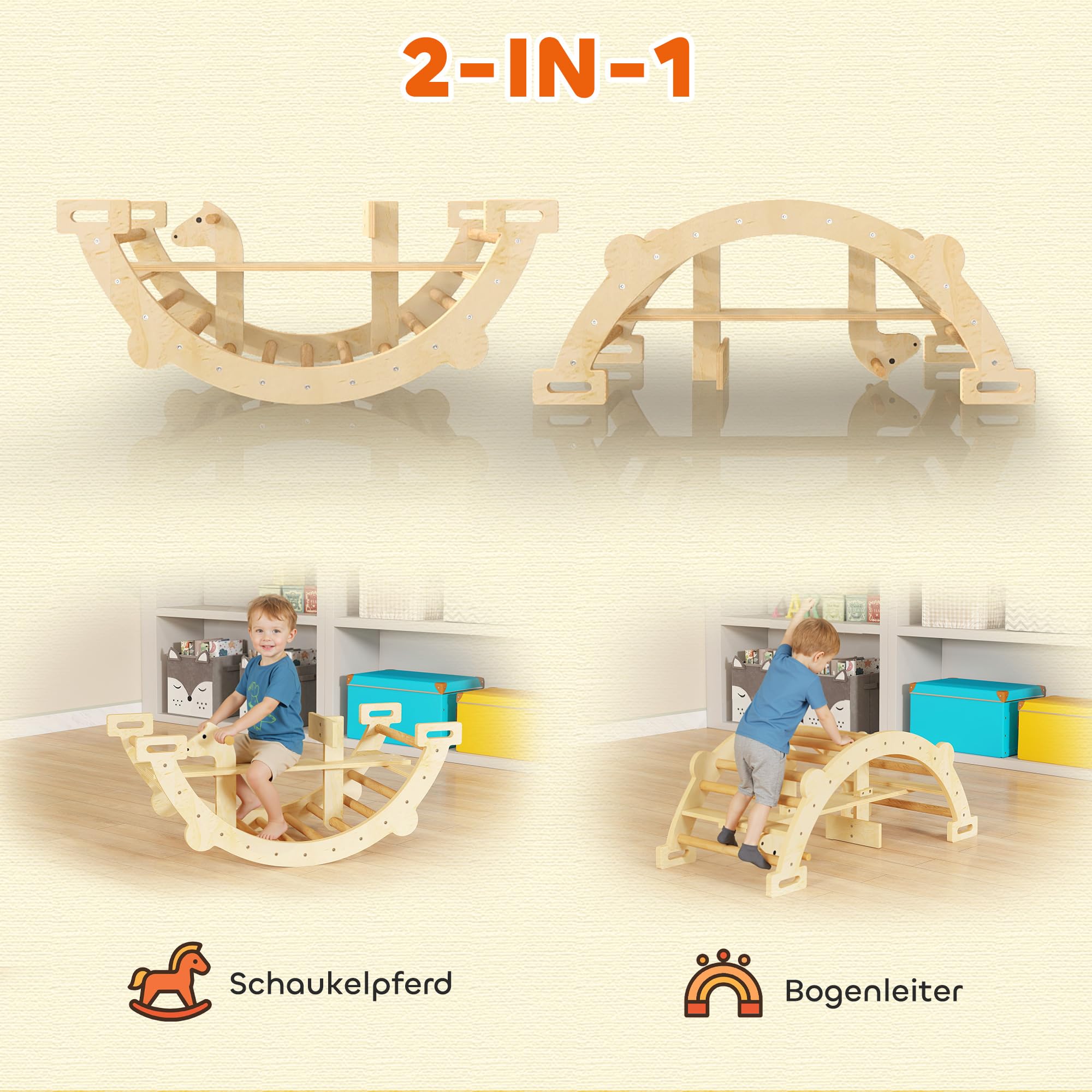 AIYAPLAY Montessori zestaw wspin. 2w1 łuk wspinaczkowy, dzieci 2-4 lata | Indoor, koń na biegunach, zabawka wspinaczkowa z drewna.