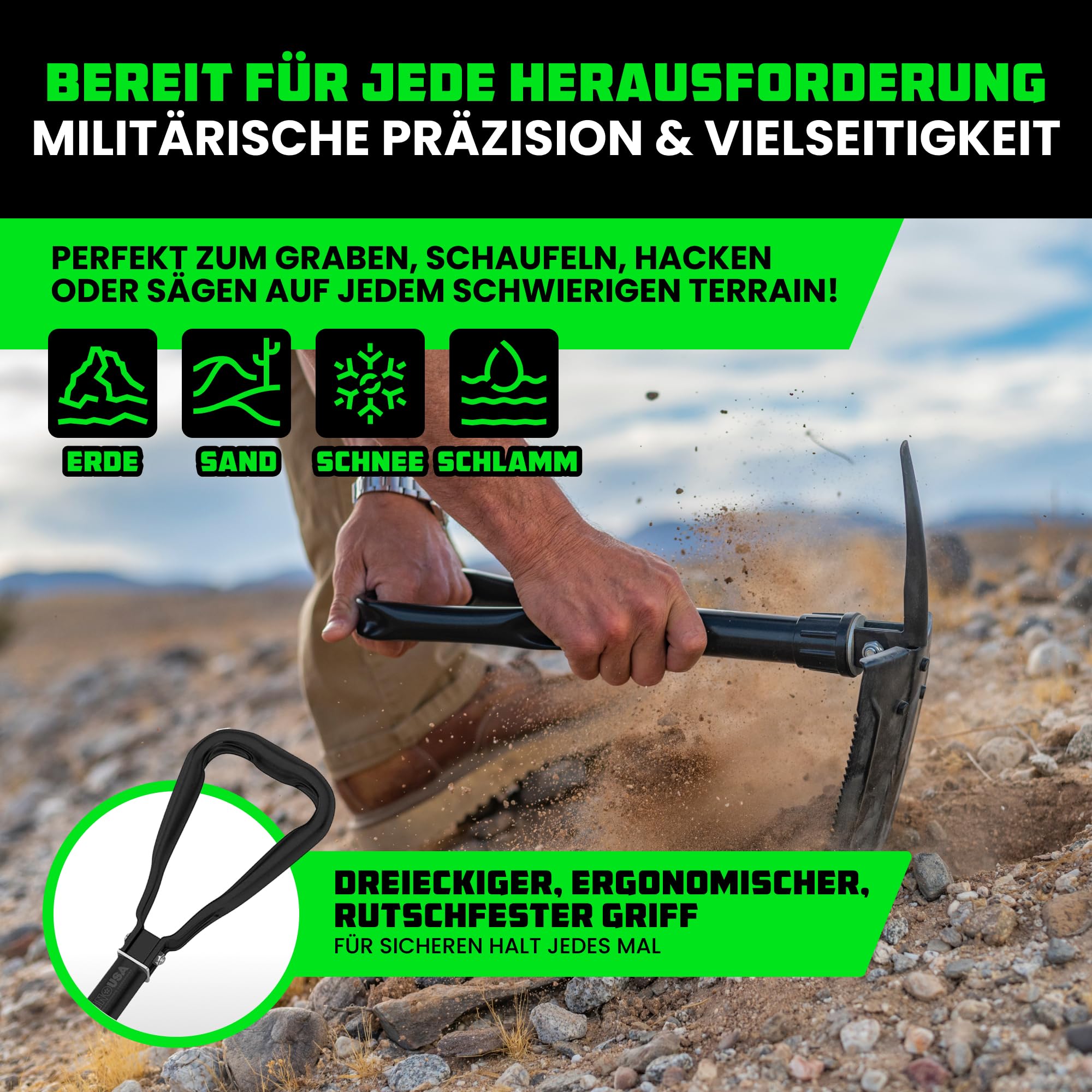 Rhino USA Klappspaten mit Hacke für die Survival Ausrüstung – Klappschaufel aus Karbonstahl für die Outdoor Ausrüstung, Campingausrüstung, als Gartenschaufel, Strandschaufel und Schneeschaufel