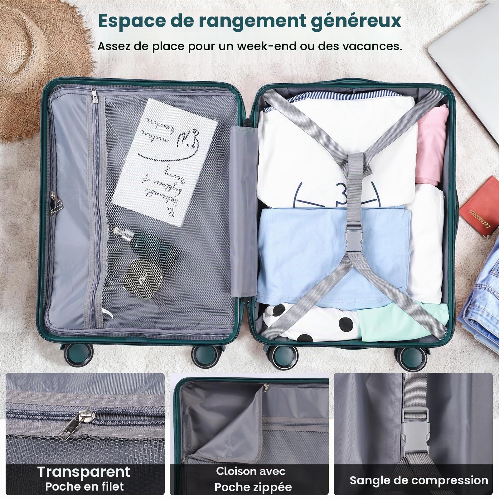 Ensemble de 3 valises rigides avec Serrure TSA, poignée télescopique, pour Femmes et Hommes, Vert