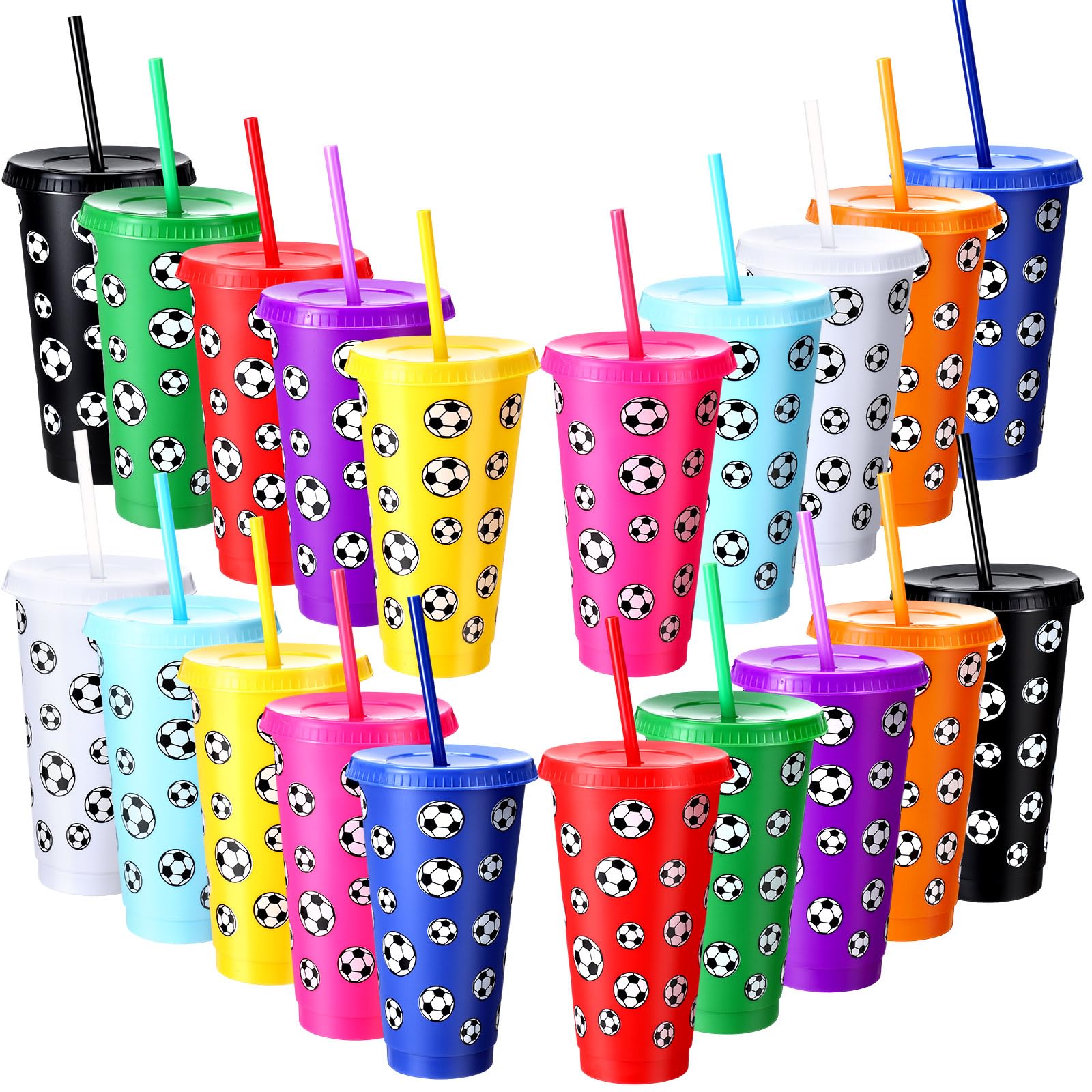 Potchen 20 Pcs Soccer Plastic Tumbler with Lid and Straw Christmas Cup Gift 24 oz Cups Reusable Sports Ball Plastic Cups for Soccer Lovers Men Women Birthday Party Favors Supplies