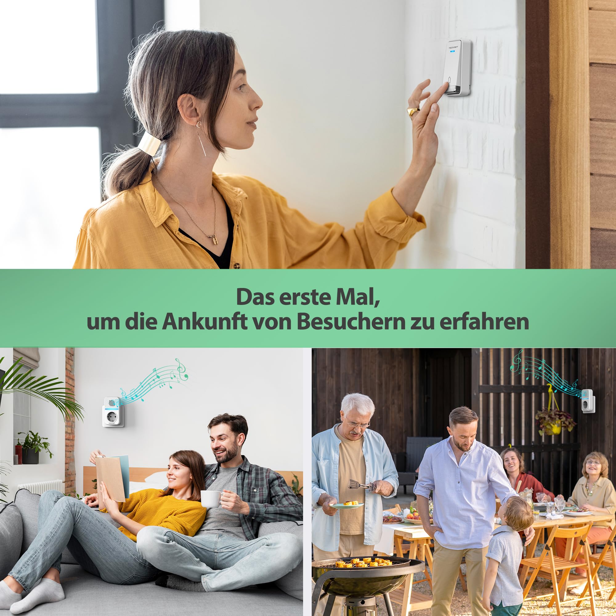 TECKNET Funkklingel Batterielose, Steckdosen Kabellose Türklingel, IP65 Wasserdicht Drahtloses Funk Türklingel mit 3 EU-Steckdose und 6 USB, 400m, 60 Laute Melodien, 5 Lautstärke Stufen, LED-Blinken