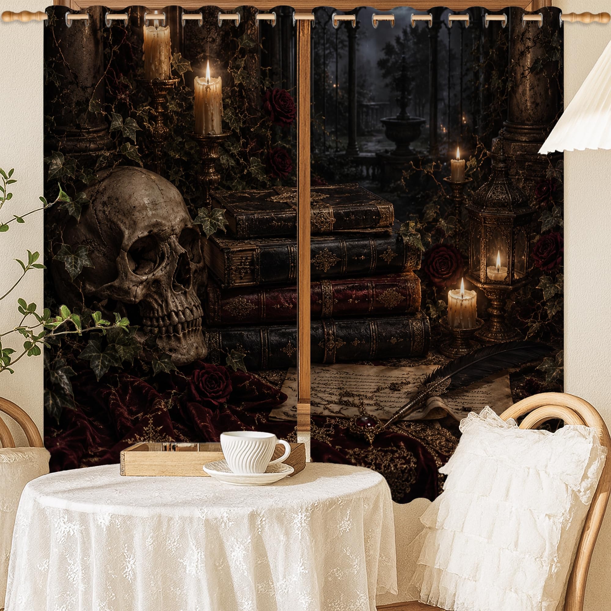 Rideaux gothiques crâne et roses pour chambre et appartement noir 132x137 cm