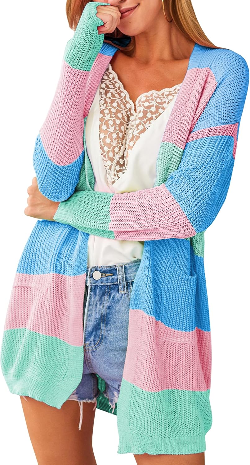 ECOWISH Women Cardigan Sweaters Long Floral Striped Winter Fall Long Sleeve Open Front Cozy Knitted Daisy Fuzzy Coats Outwear - Image 5