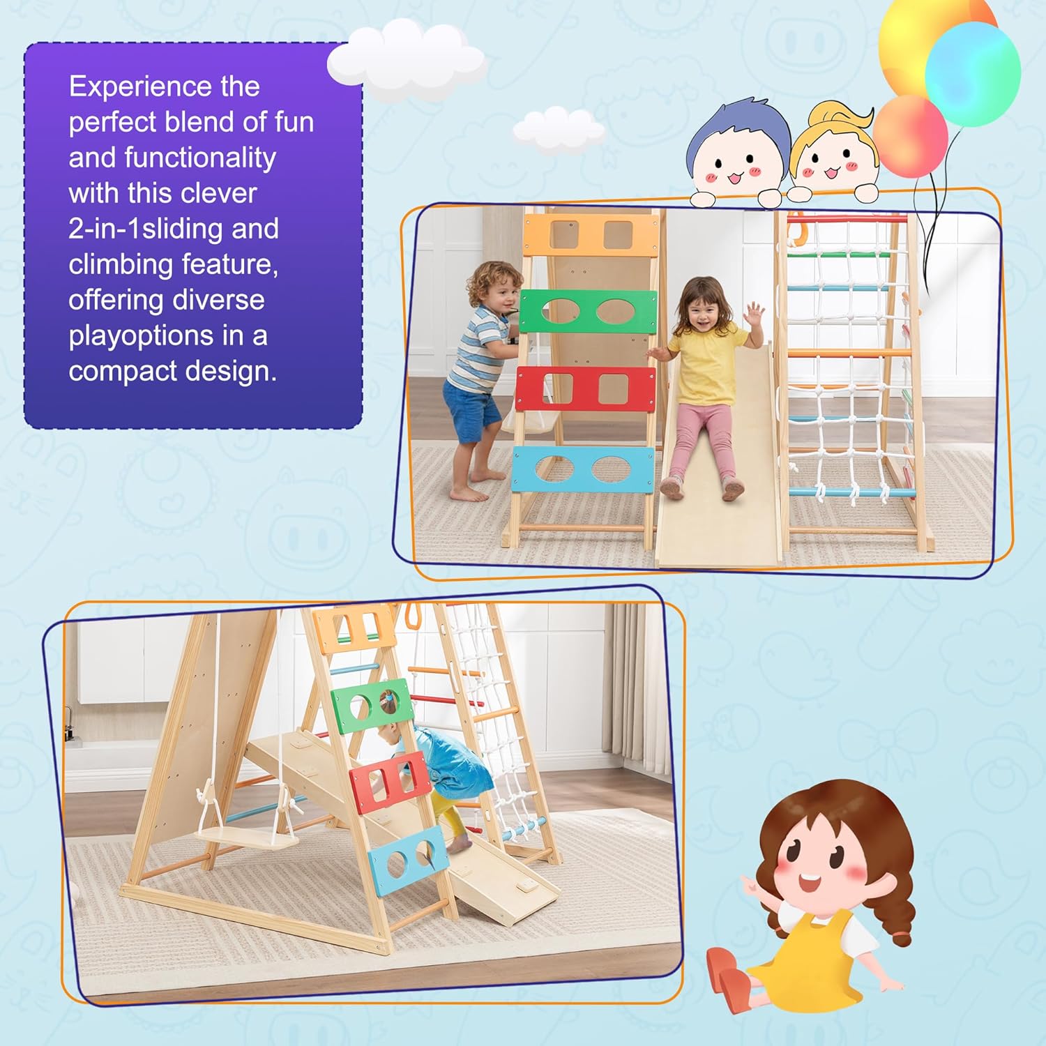 9-in-1 Toddler Indoor Jungle Gym & Playground Set, Wooden Climbing Toy with Slide, Swing, Climbing Net, Rings – Montessori-Inspired Kids Playset for Indoor Fun & Development, Ages 3-8