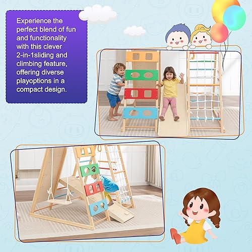 Miniatura 6 de Juego de gimnasio y parque infantil 9 en 1, juguete de escalada de madera con tobogán, columpio, red de escalada, anillos  Juego para niños