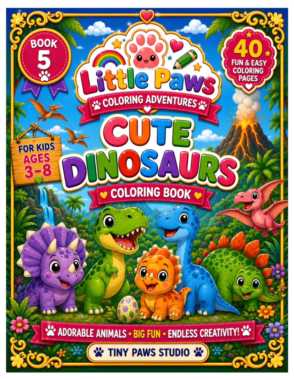 Cute Dinosaurs Coloring Book: 40 Fun & Easy Dinosaur Coloring Pages for Kids Ages 3–8 (Little Paws Coloring Adventure)