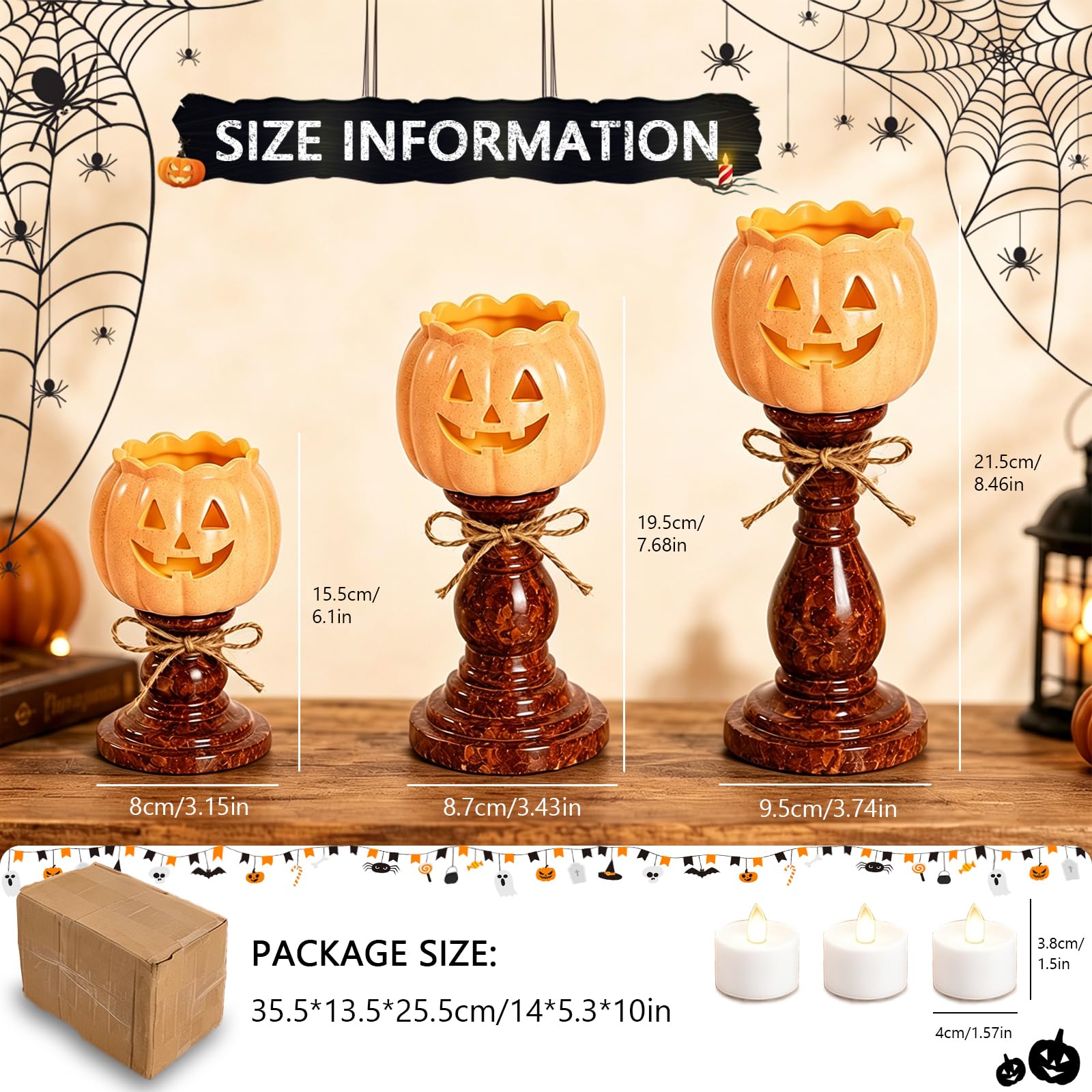 Portavelas Calabaza Halloween 3Pzs, Decoración Otoño y Halloween Rústica