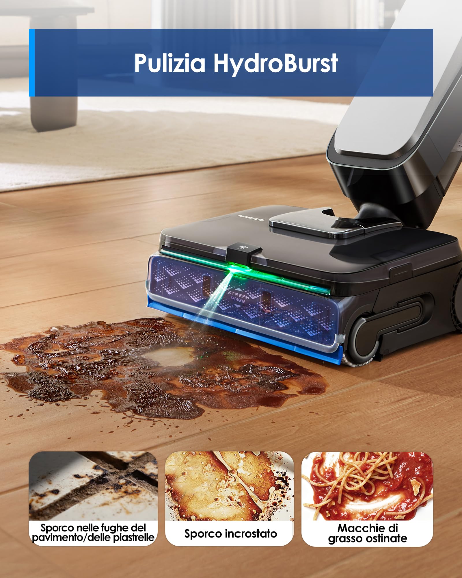 Tineco FLOOR ONE S9 Scientist Lavapavimenti Senza Fili, Aspirapolvere Smart 3-in-1, Asciugatura Rapida 85°C FlashDry, Autonomia 80 Min, Lay-Flat 180° per Sotto i Mobili, SmoothDrive 360°, Display LED