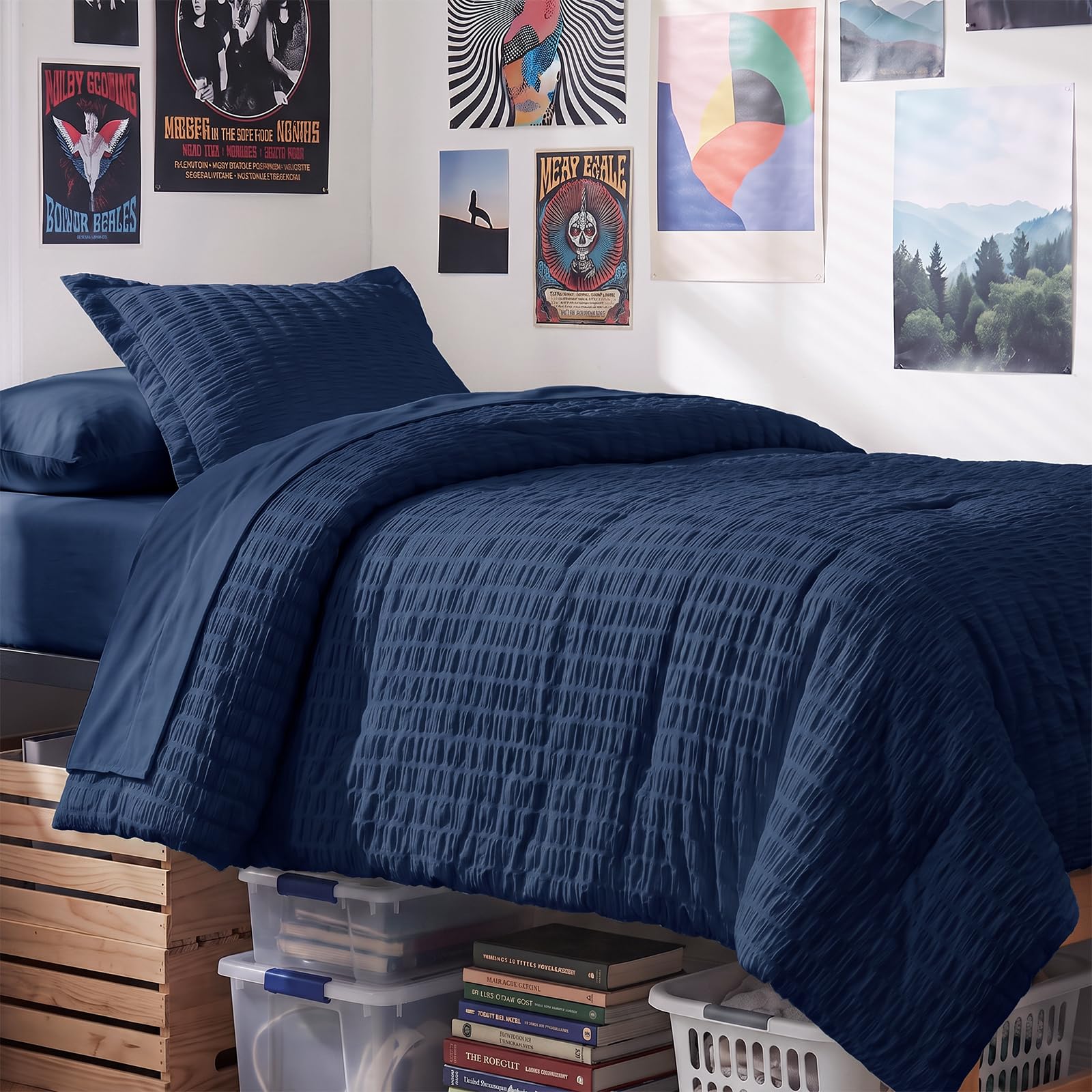 CozyLux Twin Comforter Set, 5 Pieces Navy Blue Seersucker Bed in a Bag