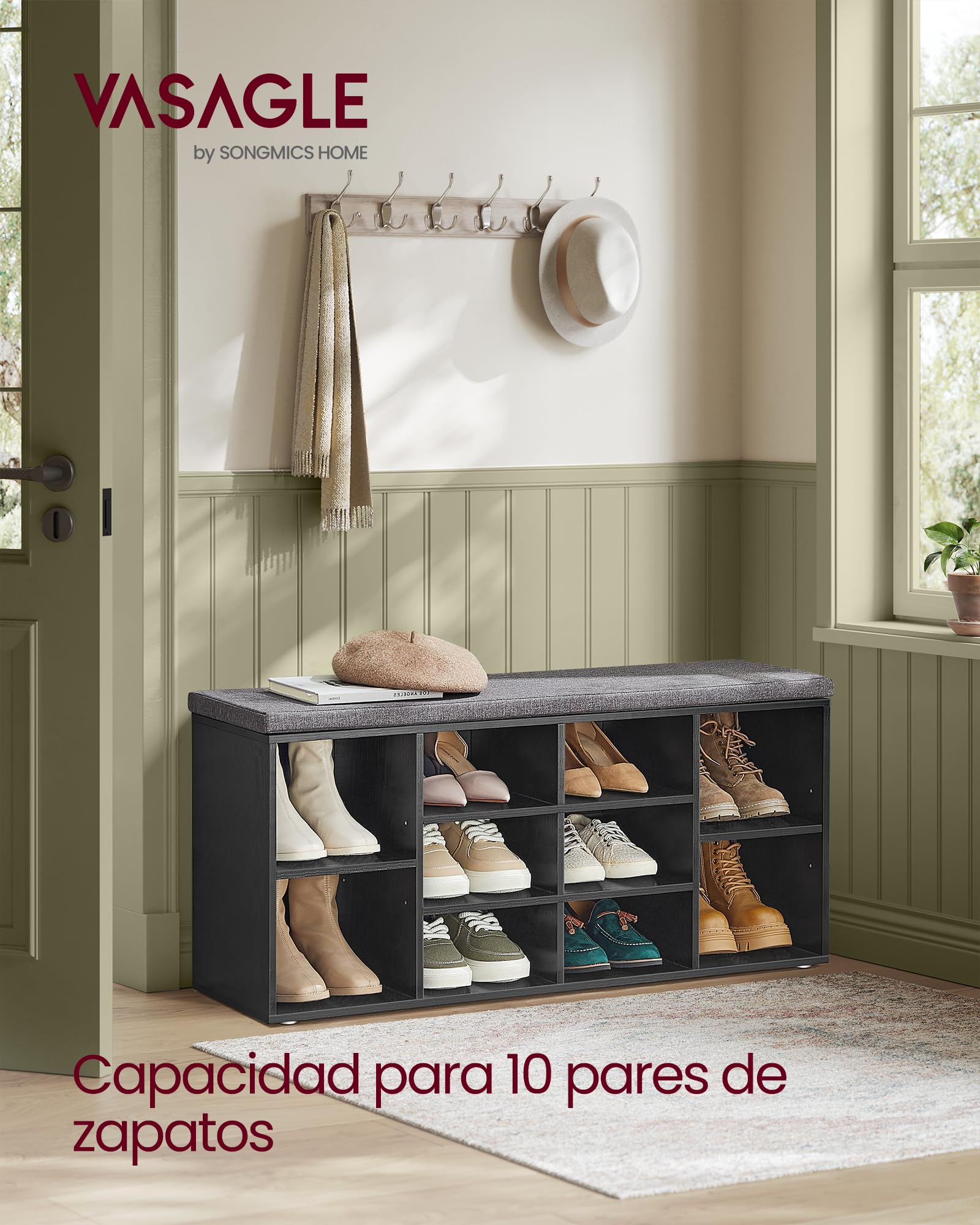 VASAGLE - Banco para Zapatos, Banco de Almacenamiento con cojín Acolchado, 10 Compartimentos, estantes Ajustables, para Sala de Estar, Pasillo, 30 x 104 x 48 cm, Negro leñoso LHS010B07