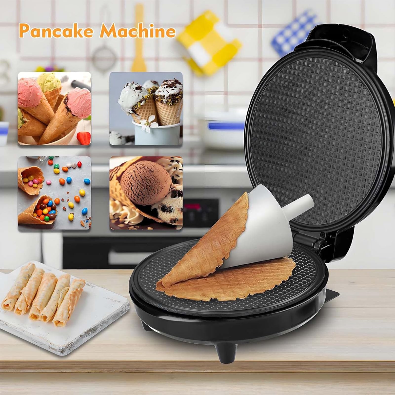 Máquina para hacer conos de gofre, rollitos de huevo antiadherentes, bandeja eléctrica para hornear conos de helado de 1000 W, herramienta de cocina para hacer crepes y sándwiches