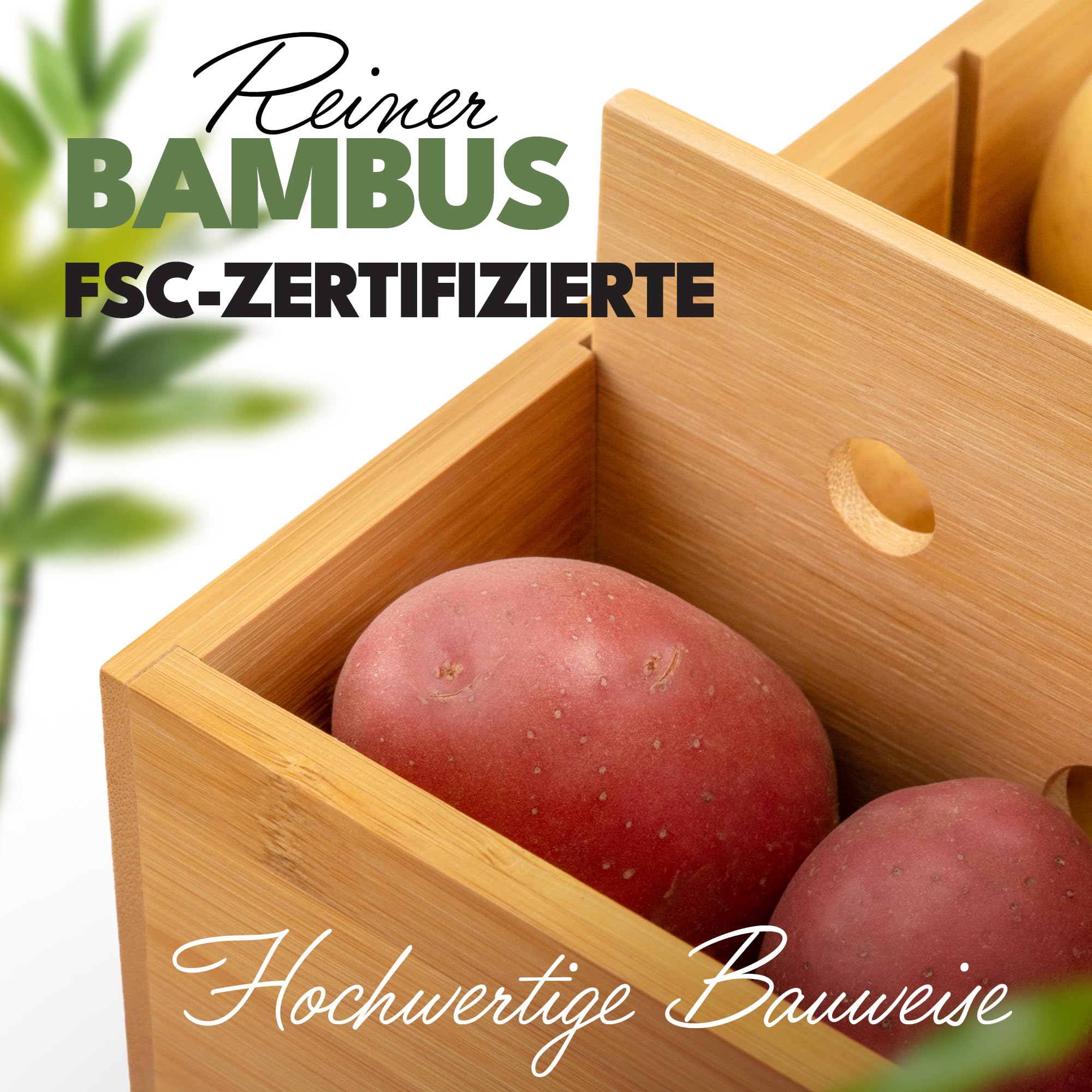 Nachhaltige Bambus Trio Kartoffel Aufbewahrungsbox [3er Set] mit Deckel, Zwiebel & Knoblauch Aufbewahrung, Umweltfreundliche Küche mit Belüftungslöchern (Braun)
