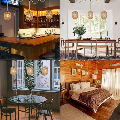 Miniatura 7 de Lámpara colgante de 3 luces enchufables con interruptor de encendidoapagado de cable, lámpara colgante de ratán con enchufe de mimbre tejido a mano