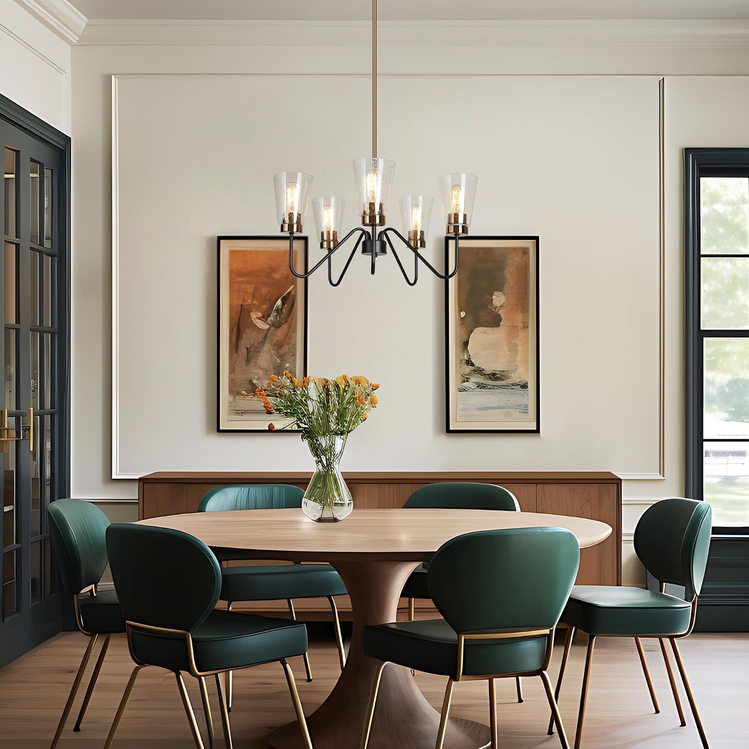 KSANA Modern Chandeliers for Dining Room, Black and Gold Chandelier for Bedrooms, Living Room, Entryway, 5 Lights Pendant Light with Seeded Glass
