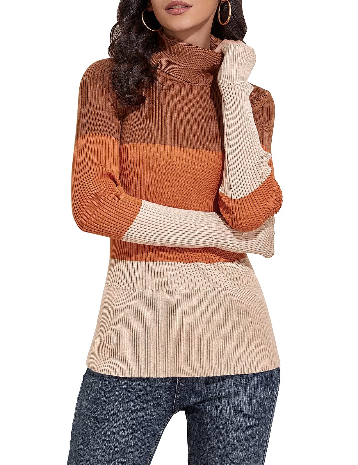 RocoroseWomen's Ribbed Turtleneck Sweater Long Sleeve Knitted Solid Pullover