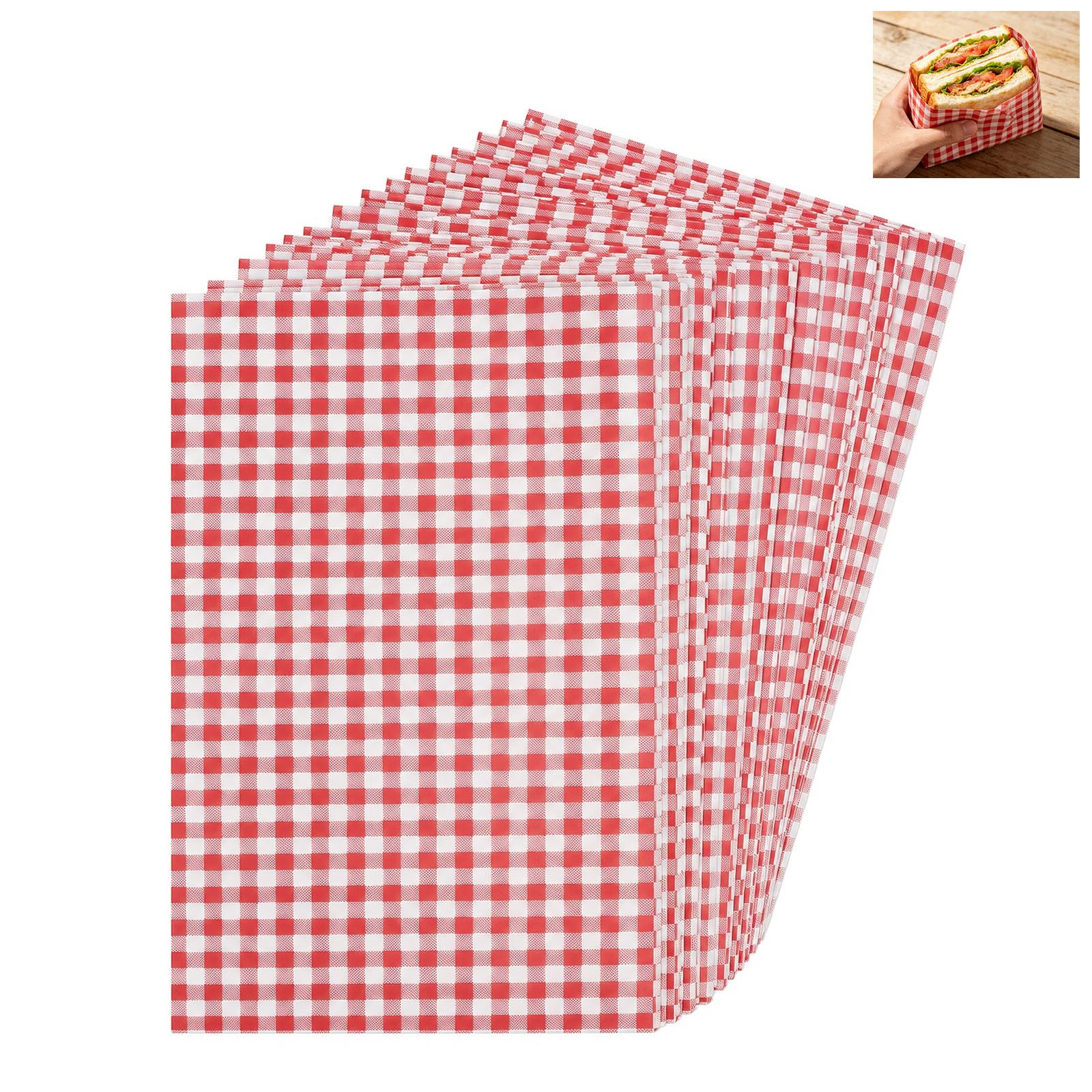 200Pcs Greaseproof Paper Sheets, 30.5 * 19cm/12 * 7.5inch Red White Checkered Food Burger Wrap Paper, Oil Proof Baking Paper Sheets for Bread, Chips, Sandwiches, Food Wrapping