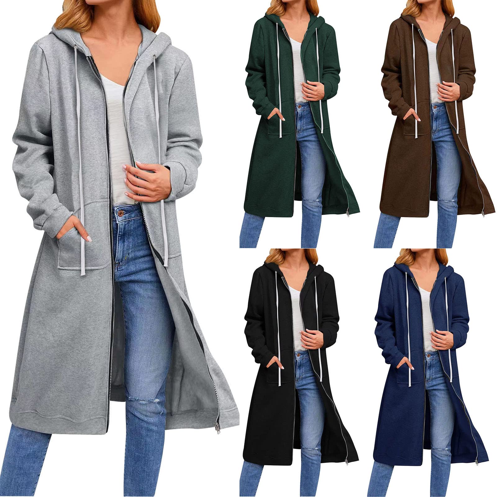 Firzero Women's Casual Hoodies, Solid Color Tunic Sweatshirt Long Hoodie with Jacket Pockets/Zip, Fashion Loose Long Sleeve Hooded Coat Winter Cozy
